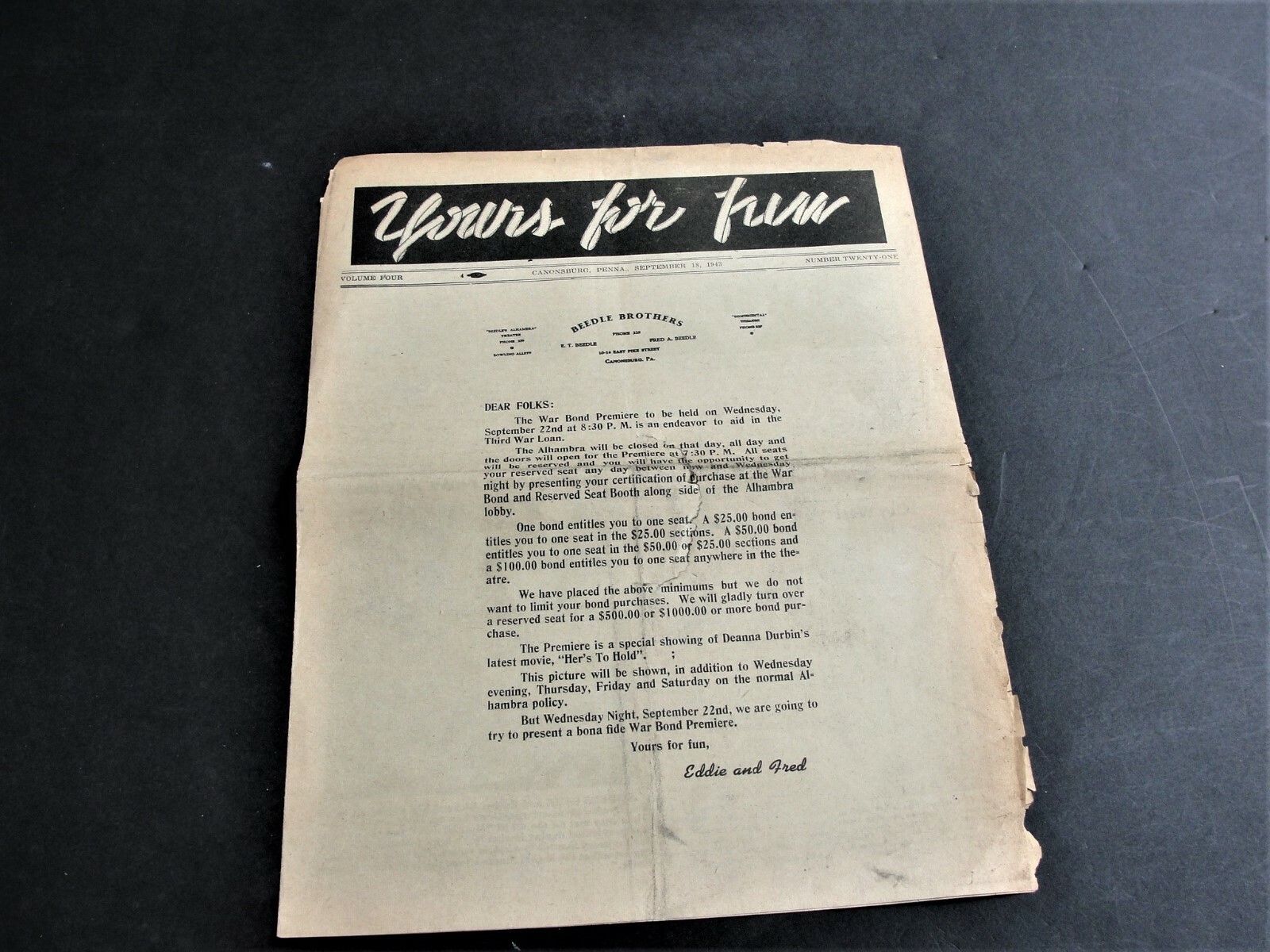 Vintage-Original 1940s Movie News & Ads.- Newspaper Set of (6). RARE.