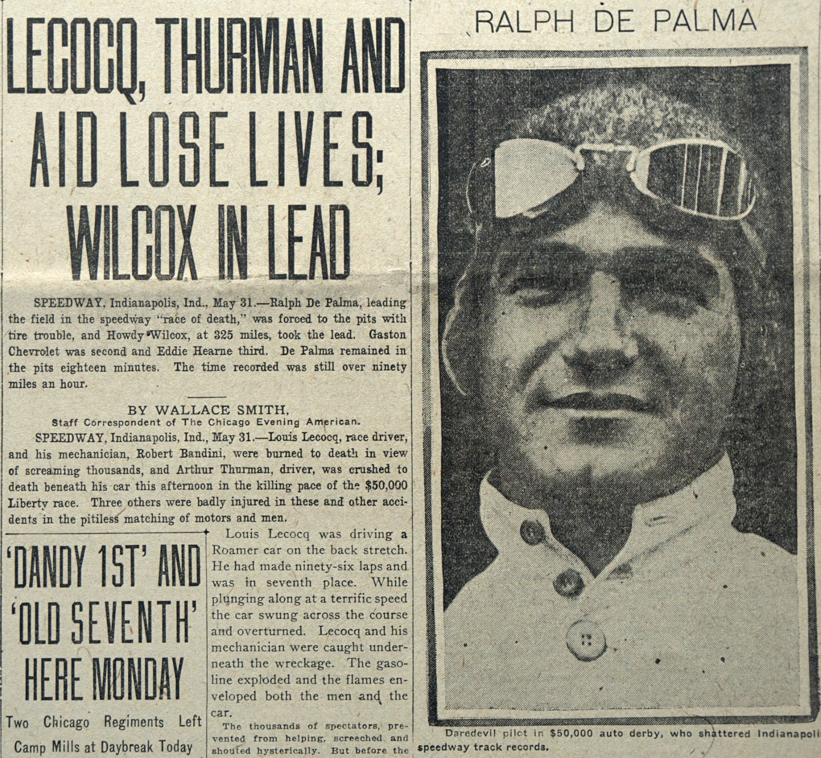 1919 Newspaper Front & Sports Page – Drivers Killed at Indianapolis 500 Race