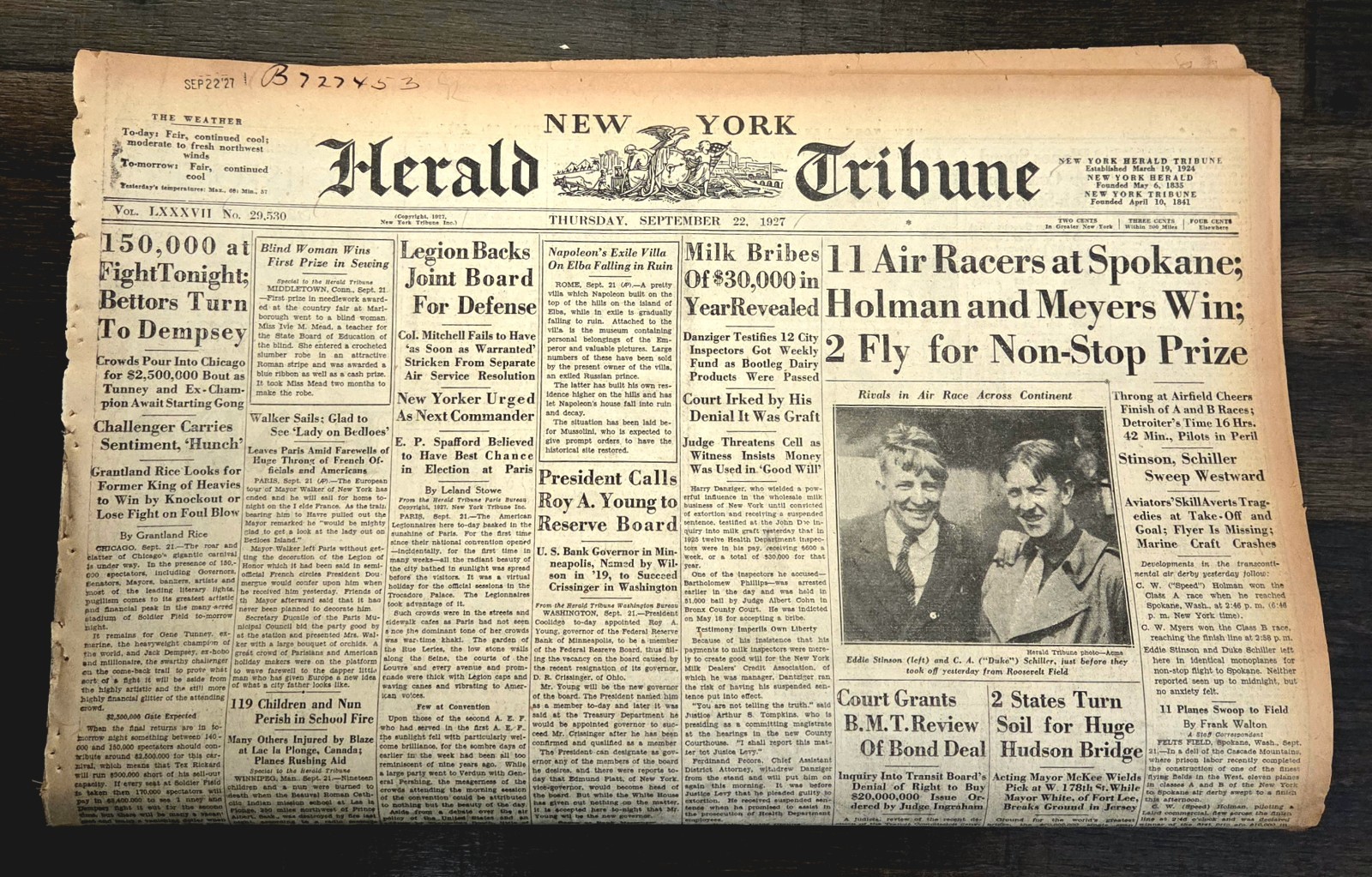 Sept 22, 1927 N.Y Herald Tribune Newspaper: TUNNEY vs DEMPSEY, BABE RUTH 55th