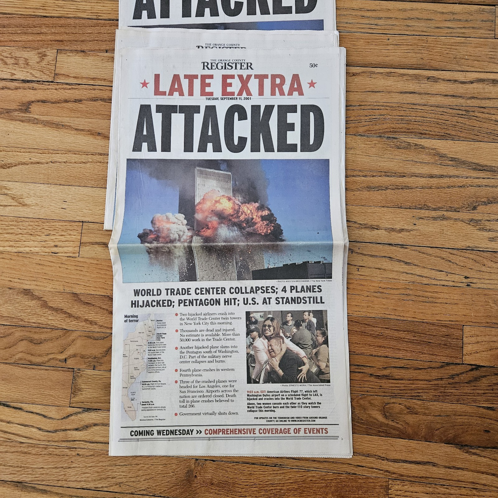 Vintage 3X Late Extra ATTACKED 9/11 NYC 9/12/01 Orange County Register Newspaper