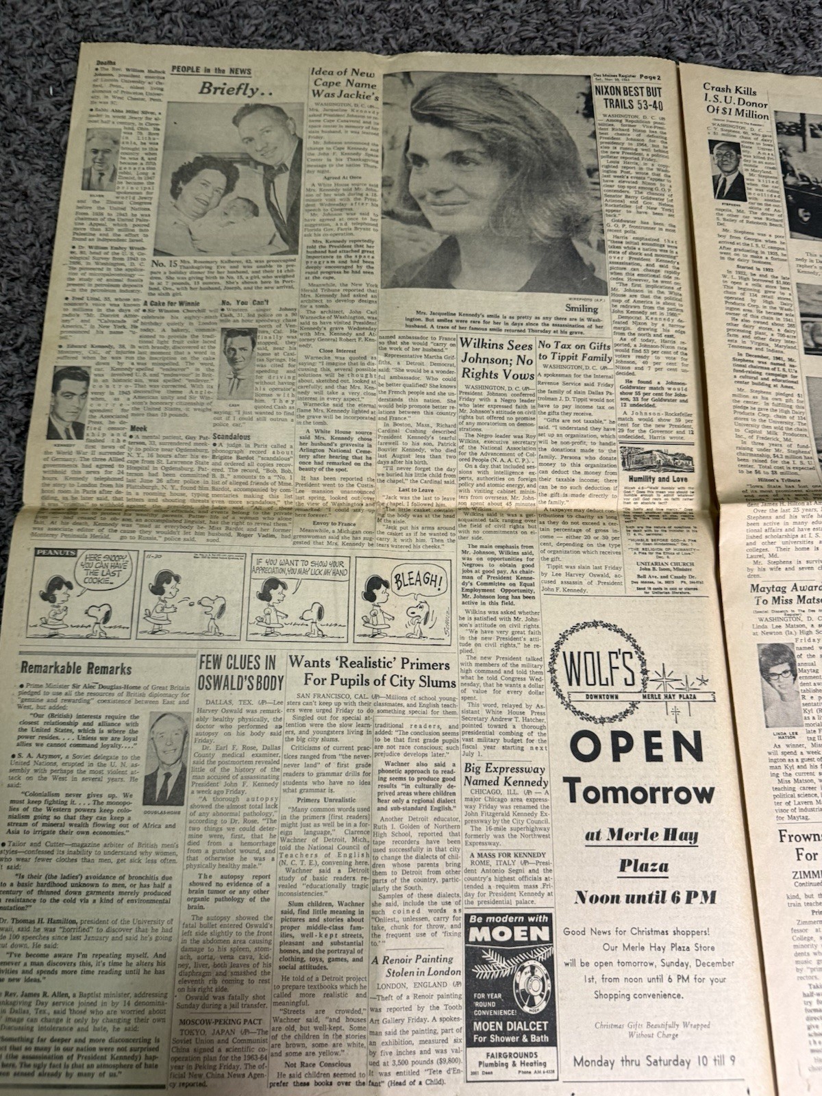 Des Moines IA Register Nov 1963 JFK Assassination Warren Commission Plane Crash