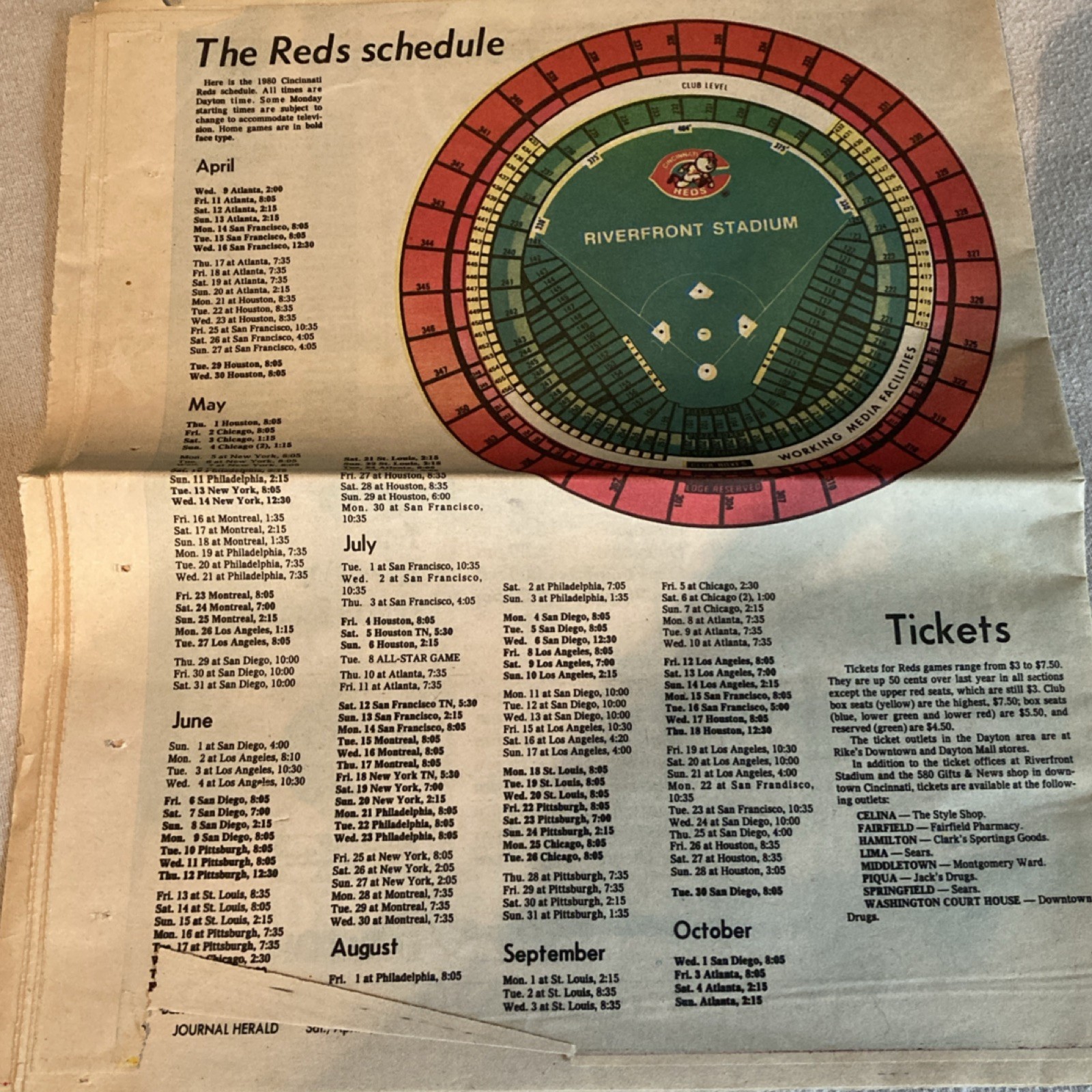 Journal Herald 1980 Cincinnati Reds Souvenir Baseball Section Newspaper