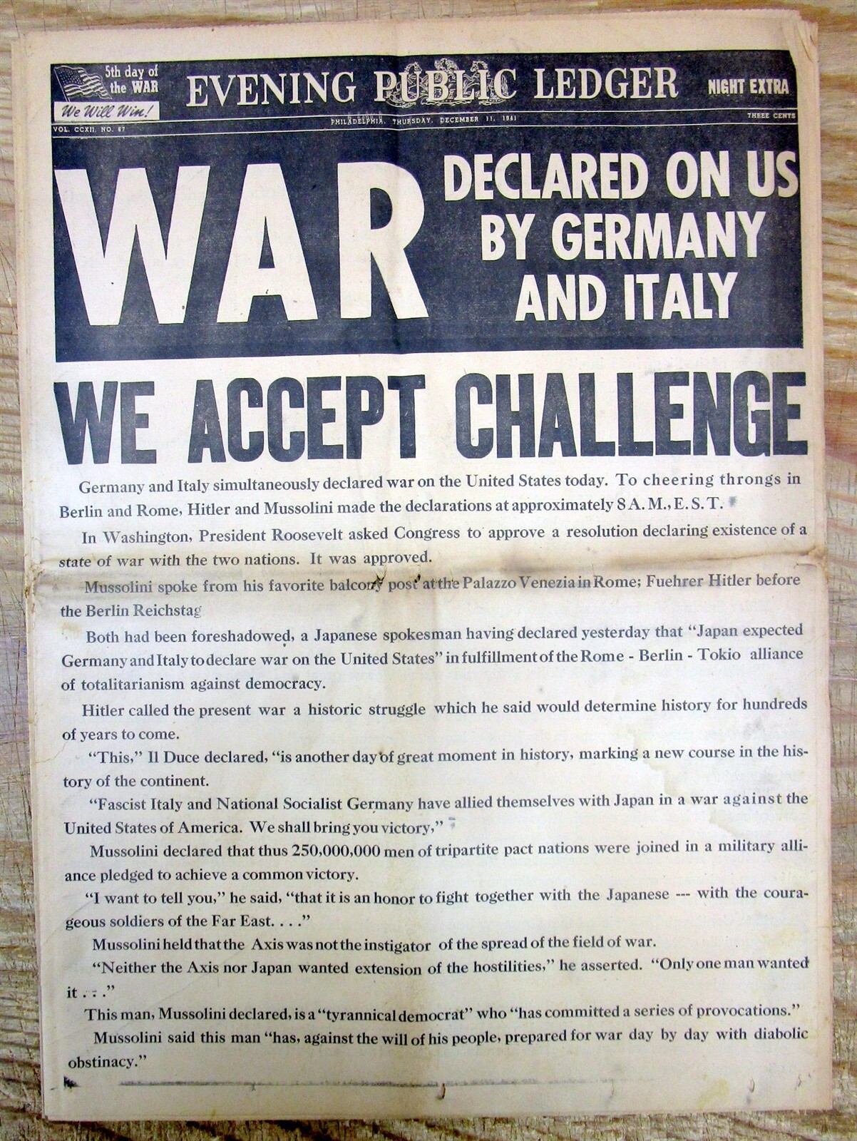 1941 headline display newspaper US Enters WW II as GERMANY & ITALY DECLARE WAR