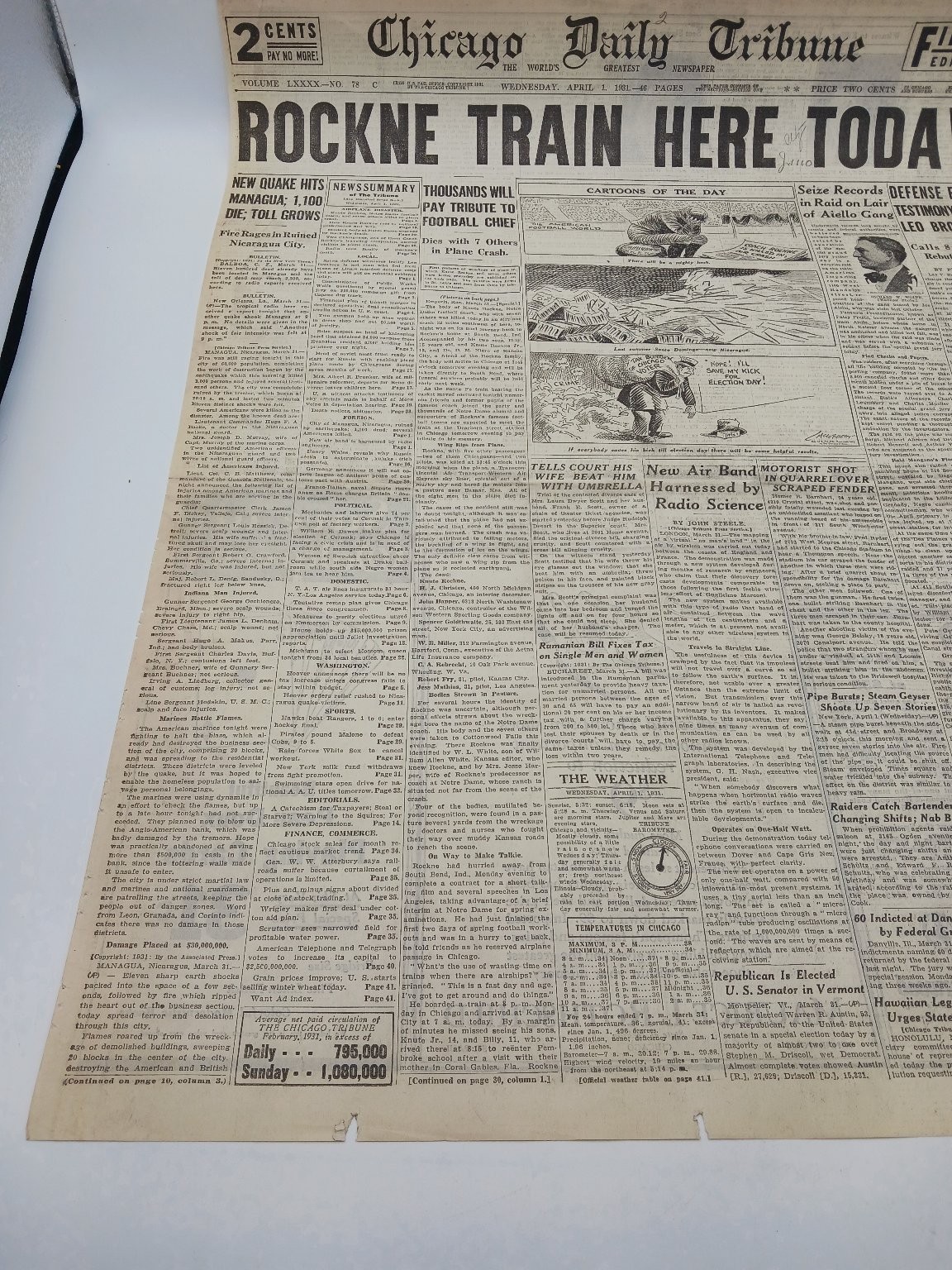 1931 Knute Rockne Dies Plane Crash Tribute Chicago Newspaper Page Aiello Gang