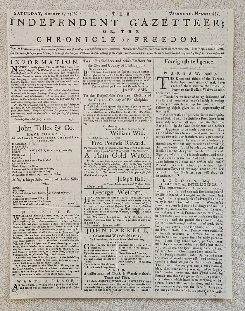 1788 Aug.2 Independent Gazetteer Newspaper Copy Peter Markoe Poem, Philadelphia