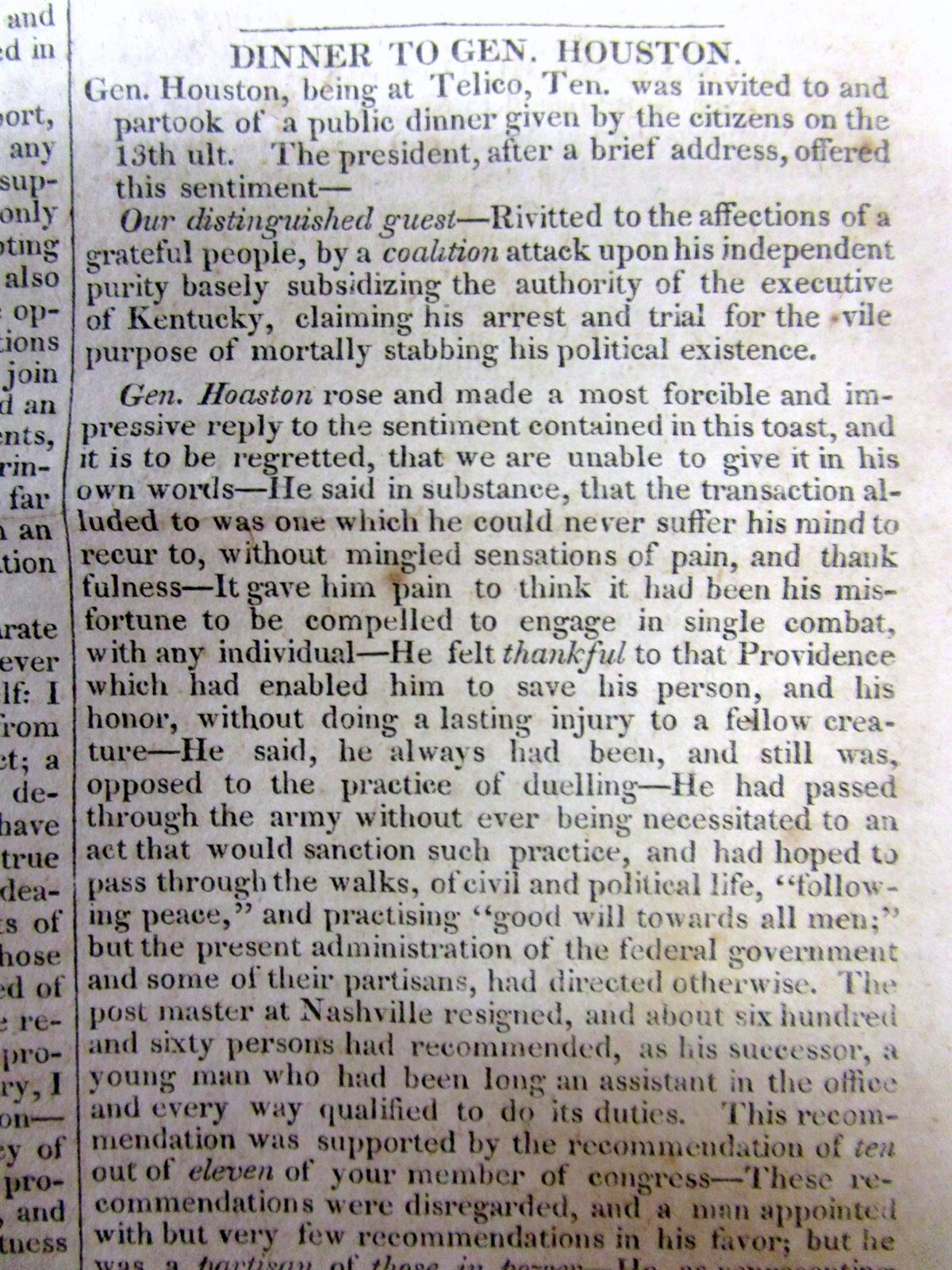 2 1827 newspapers w SAM HOUSTON as Governor of TENNESSEE before he went to TEXAS