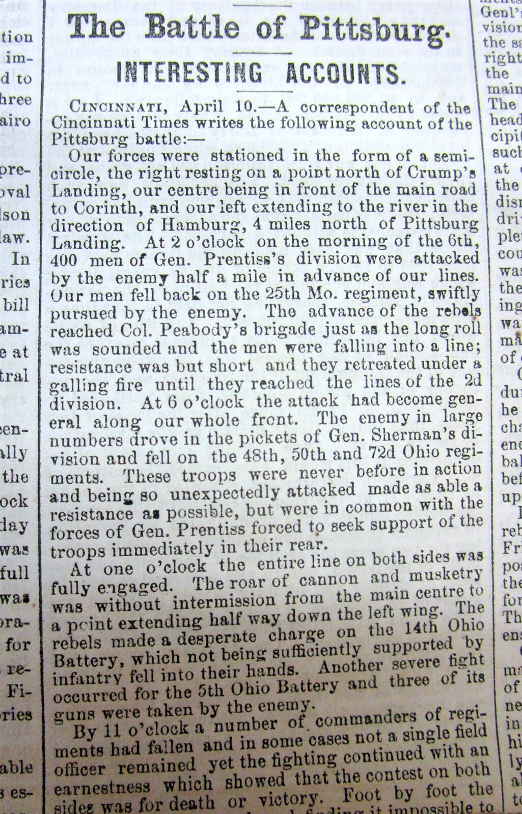 1862 Civil War display newspaper w BATTLE of SHILOH Pittsburg Landing TENNESSEE