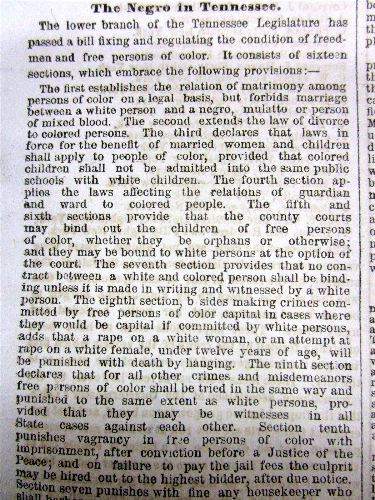 1865 newspaper w FATE of the FREED NEGR0 SLAVES in TENNESSEE after the Civil War
