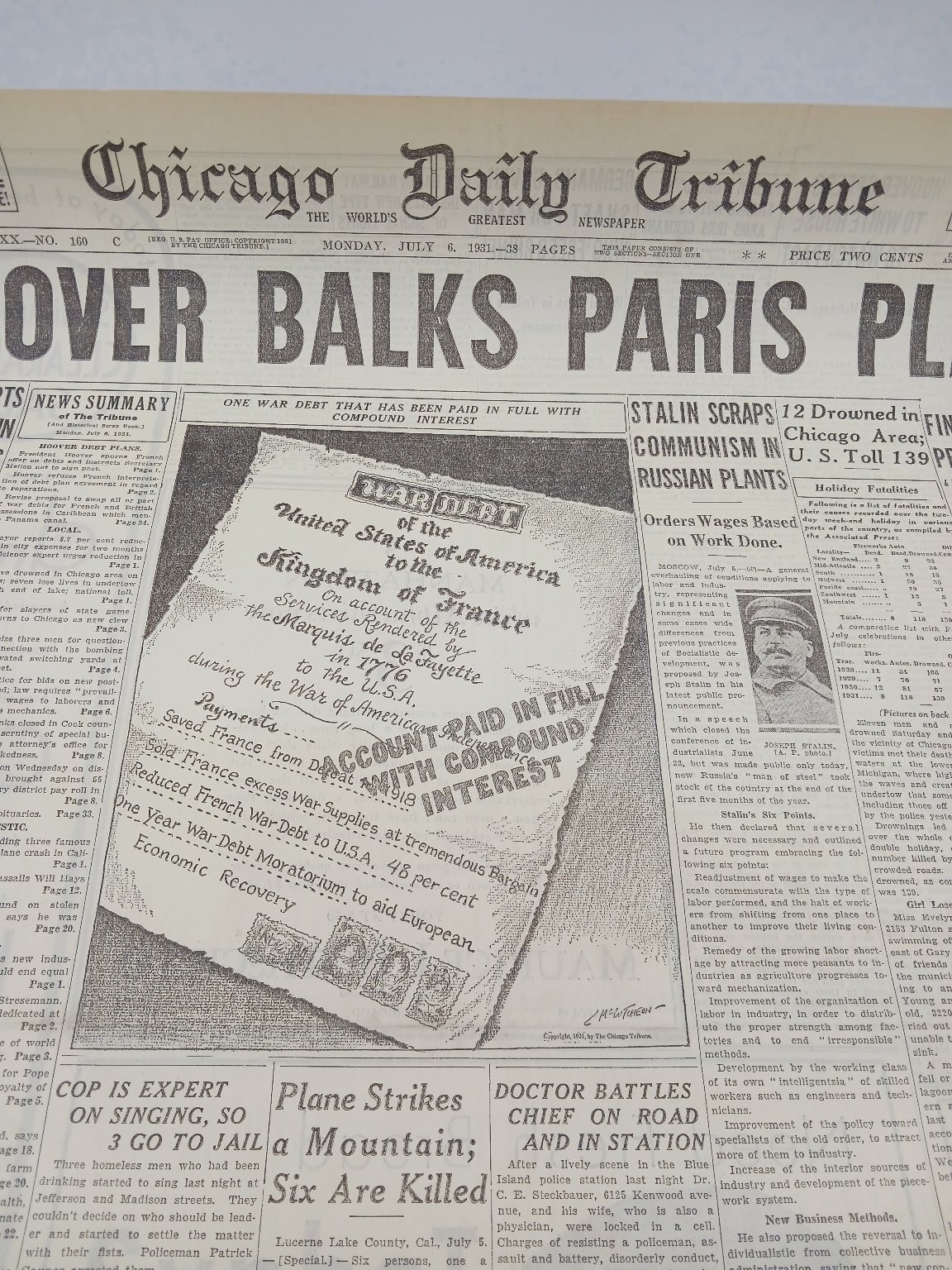 July 1931 Chicago Tribune Hoover Paris Plan Plane Crash Newspaper Page