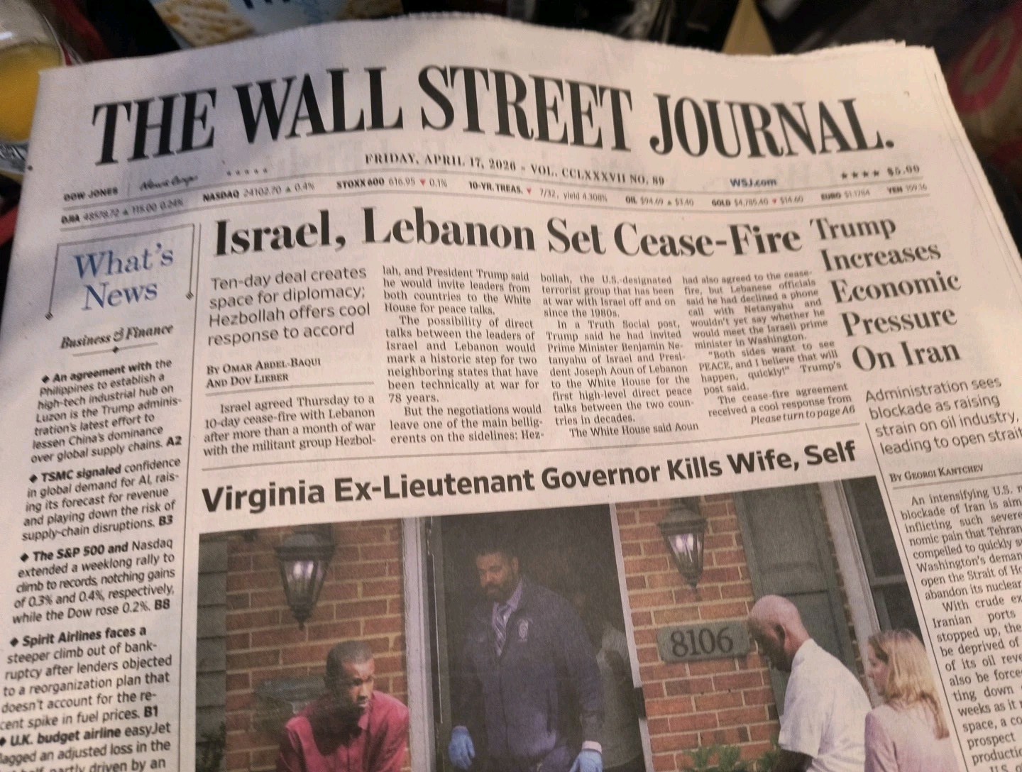 The wall Street Journal Friday April 17 2026 Israel, Lebanon Set Cease -Fire