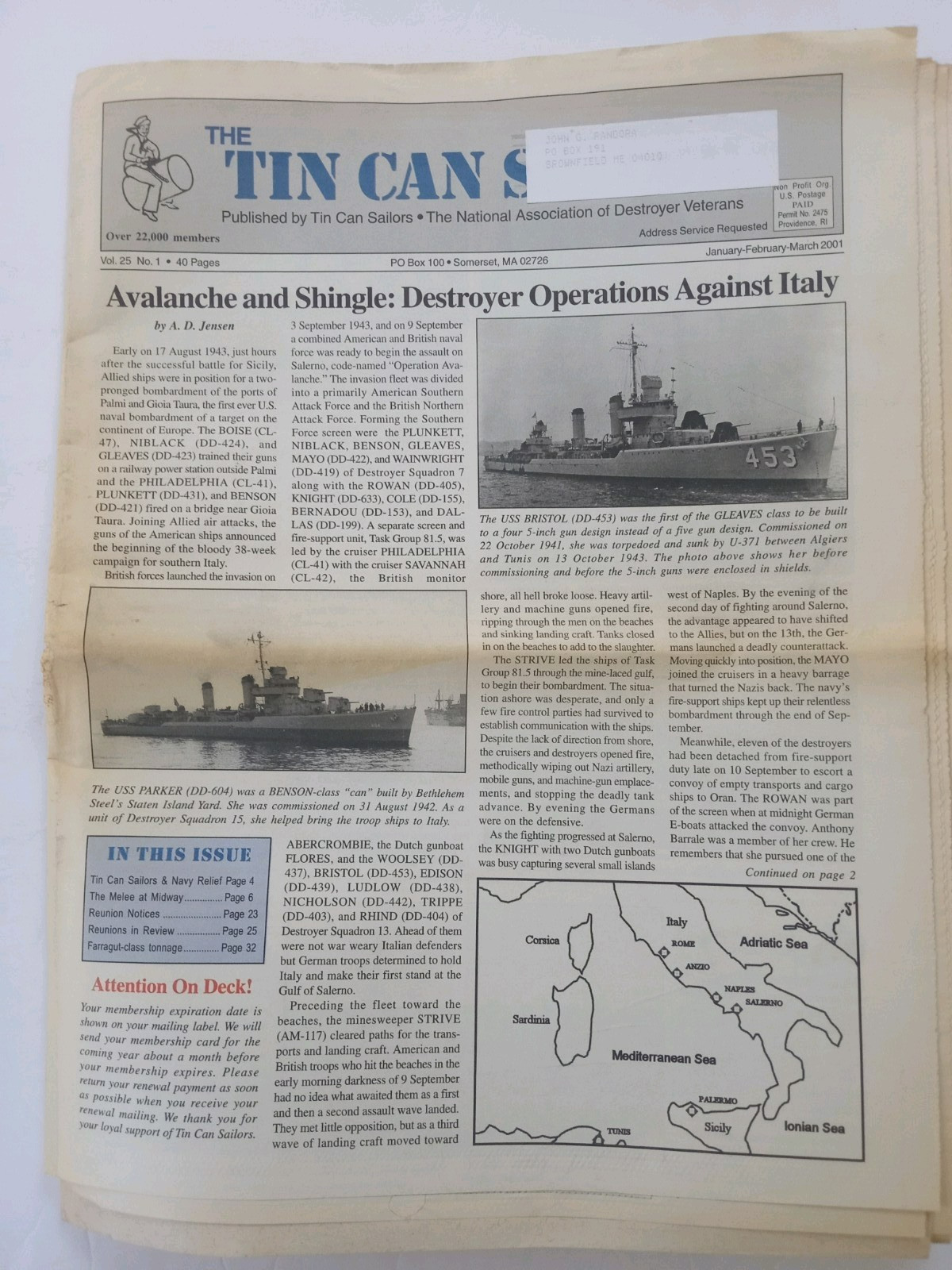 The TIN CAN SAILOR Newspaper 2001 Vol 25 #1 DESTROYER OPERATIONS AGAINST ITALY