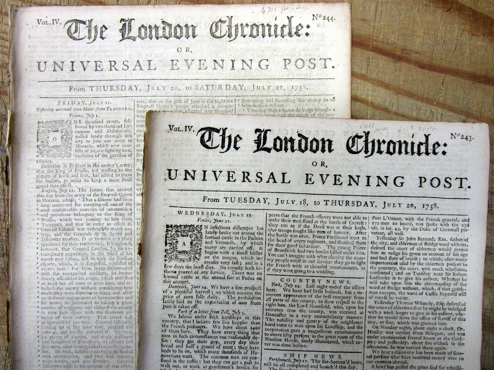 2 1758 newspapers w details of The ARCHEOLOGICAL discoveries HECULANEUM in ITALY