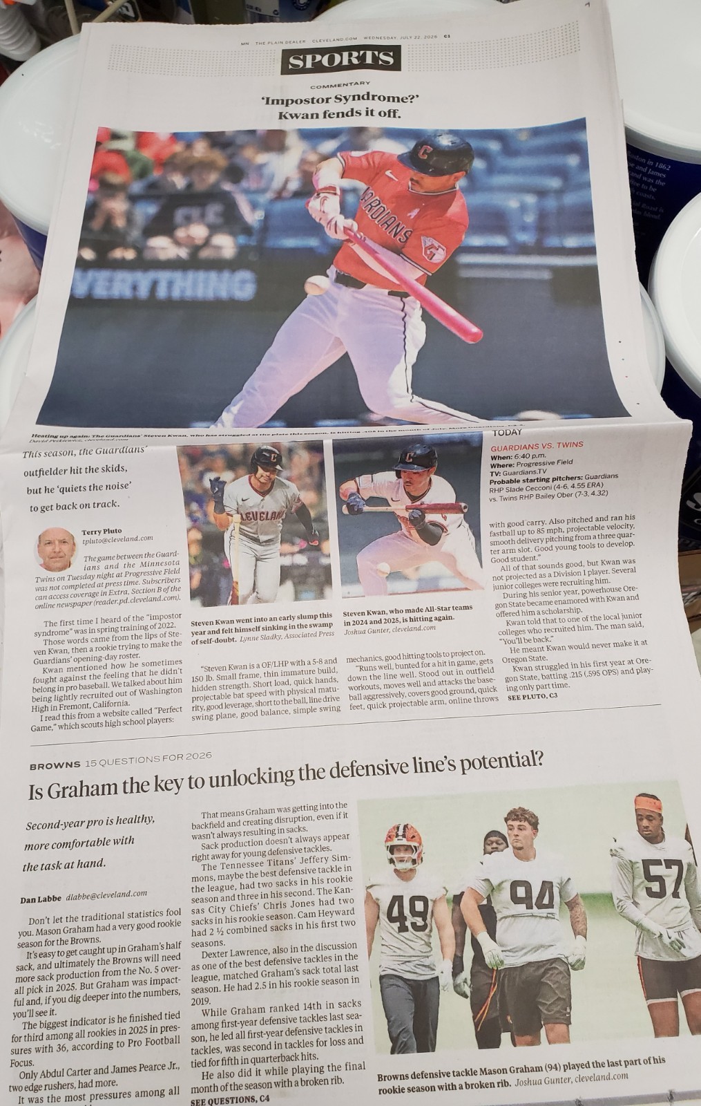 Cleveland Guardians Plain Dealer July 22 2026