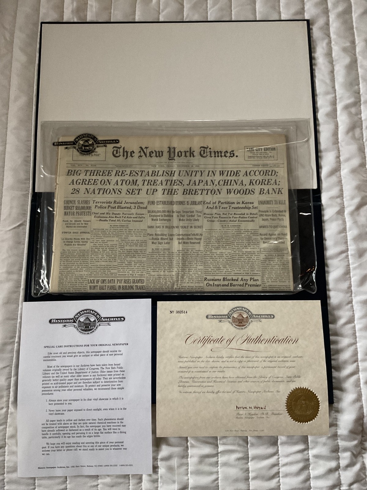 NEW YORK TIMES DECEMBER 28, 1945 PRESERVED BY HISTORIC NEWSPAPER ARCHIVES W/COA