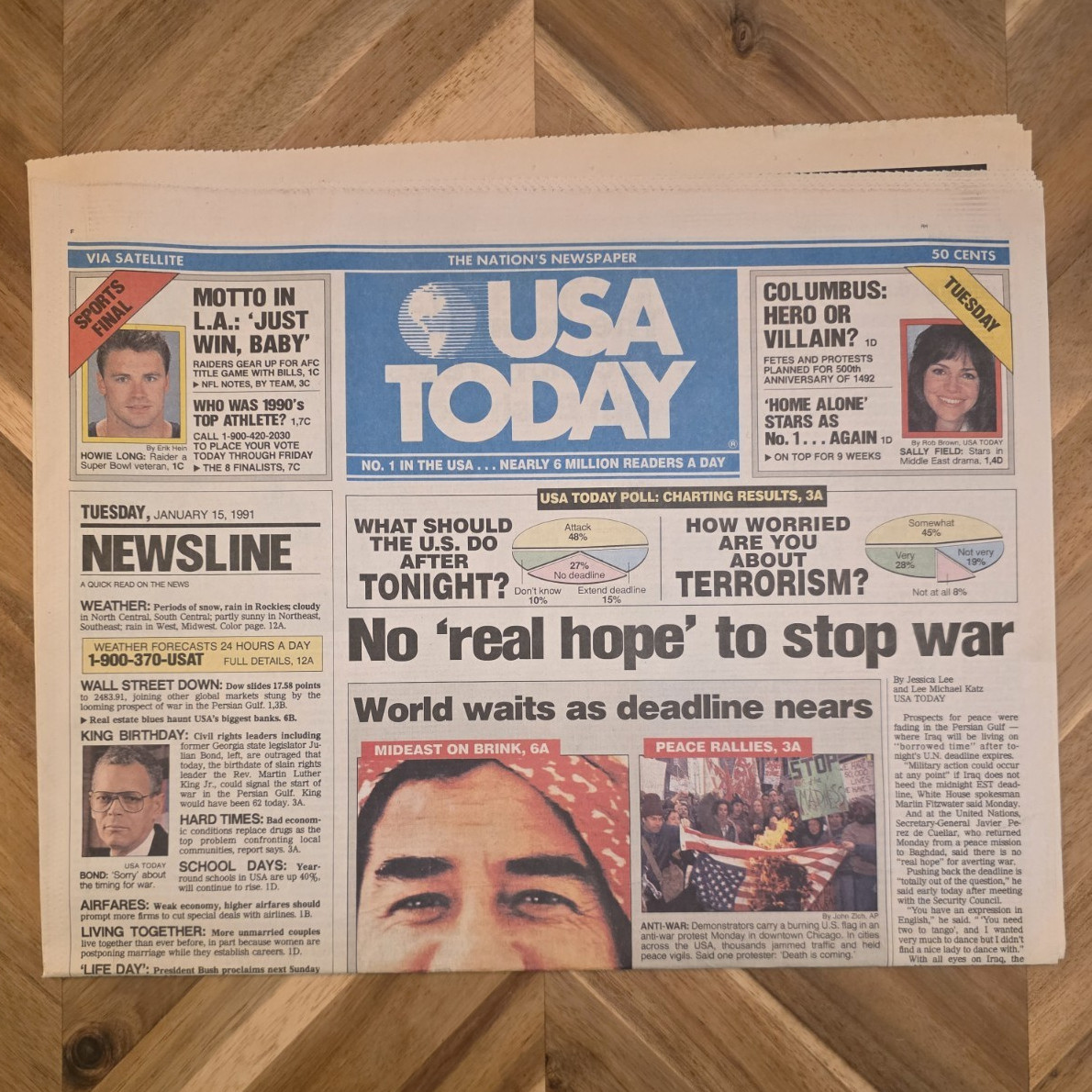 USA Today Newspaper Jan 15 1991 – “No ‘real hope’ to stop war” Headline – Full