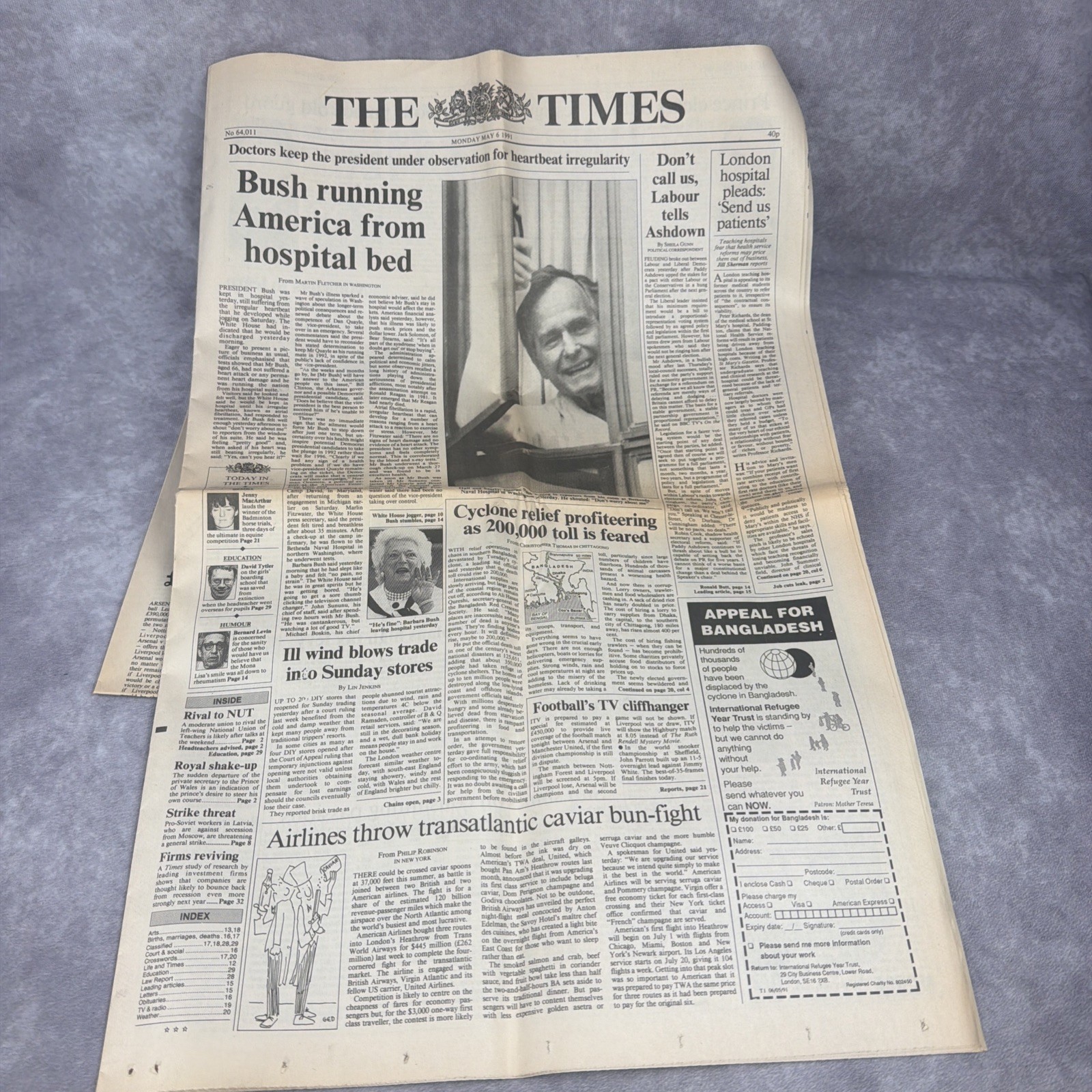 The Times London Newspaper May 6 1991 George H.W. Bush Hospital UK Complete