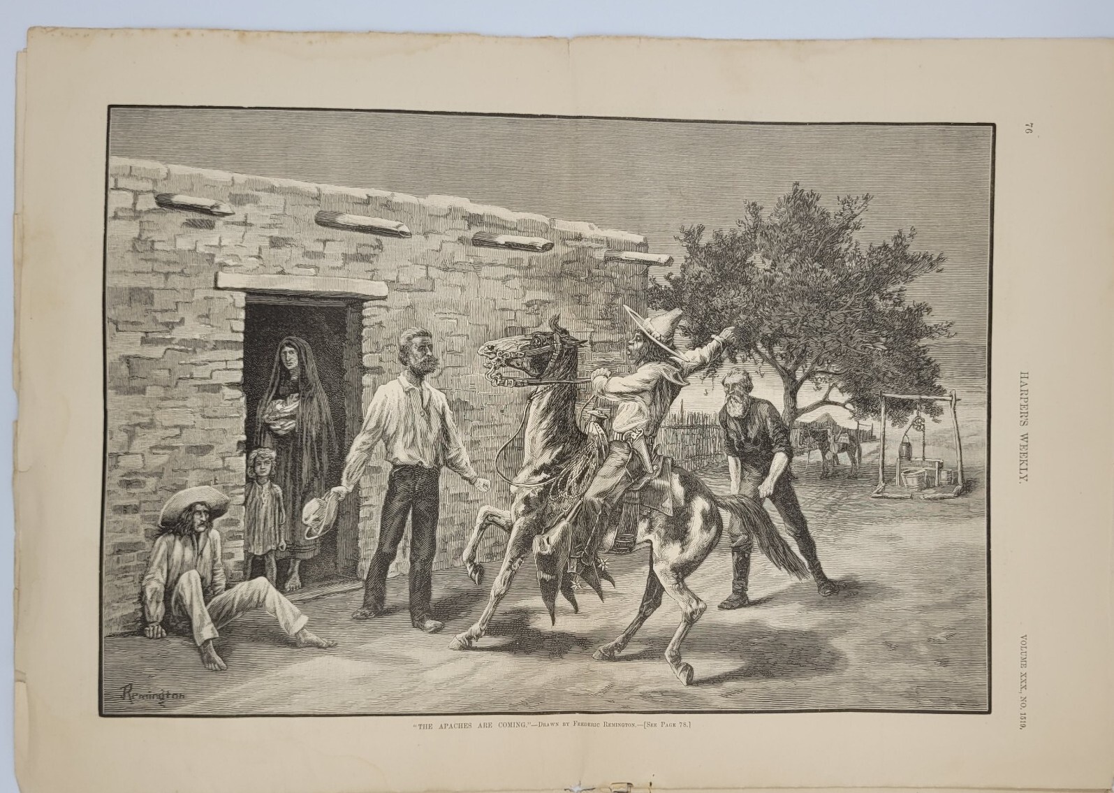 Harper’s Weekly 1/30/1886 “Apaches are coming” famous print by Remington