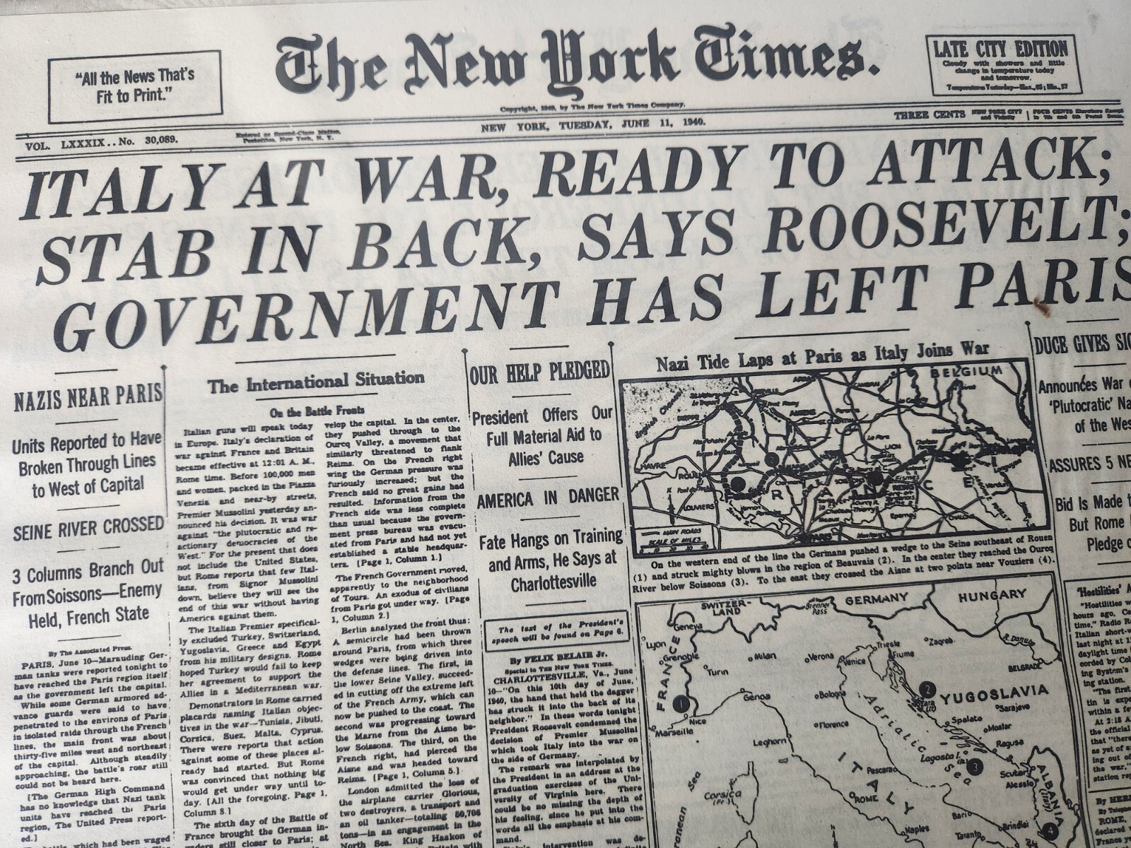 The New York Times June 11, 1940 Italy at War, Ready to Attack on Cardboard