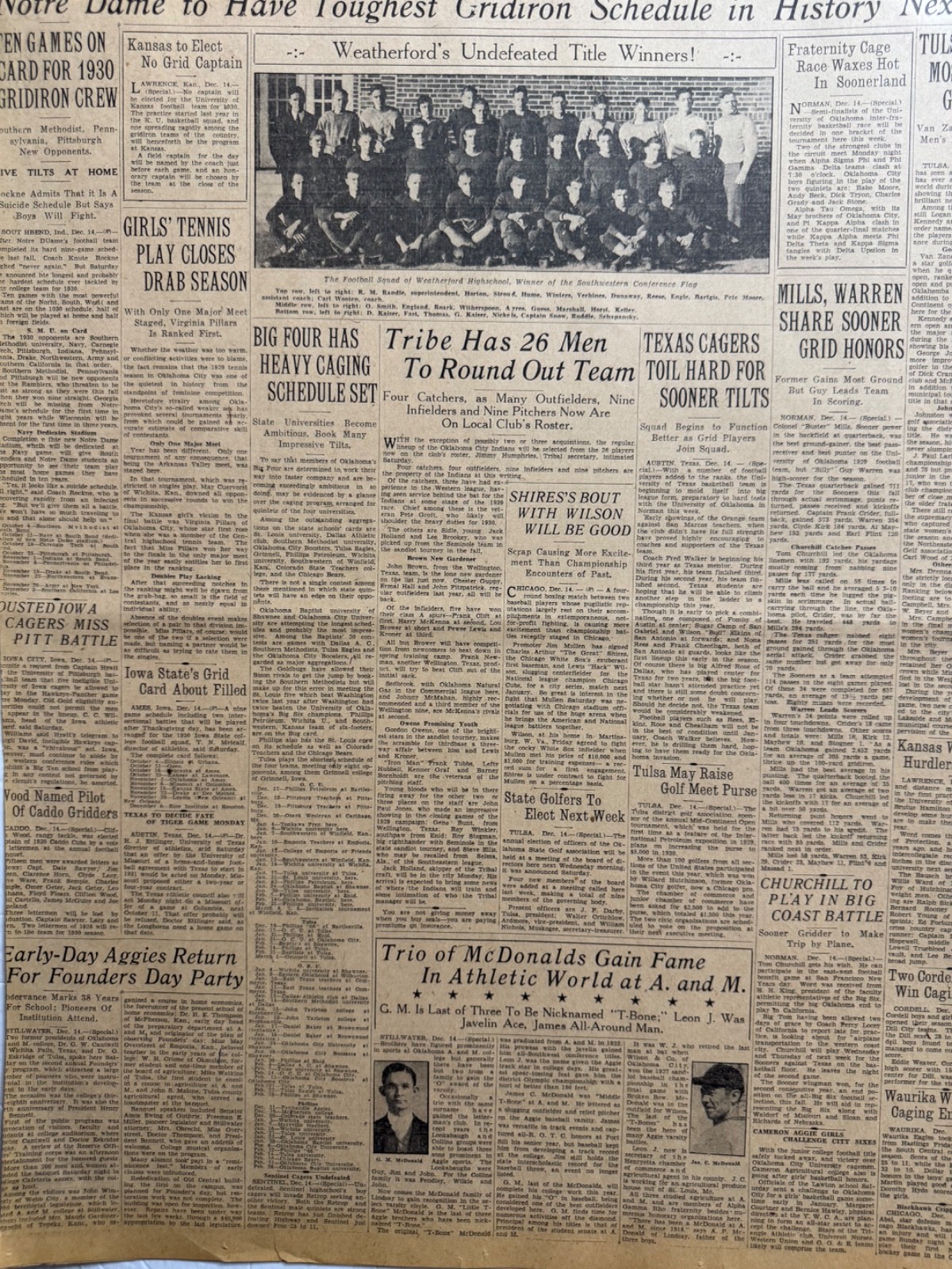 1929 WEATHERFORD,OKLA. HIGHSCHOOL FOOTBALL TEAM OKLA. CITY NEWSPAPER PAGE
