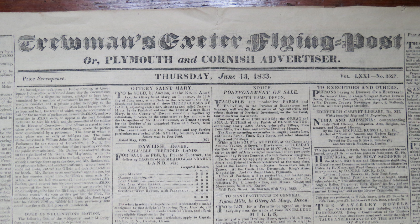 TREWMANS EXETER FLYING POST NEWSPAPER JUNE 13, 1833 – Duke of Wellington