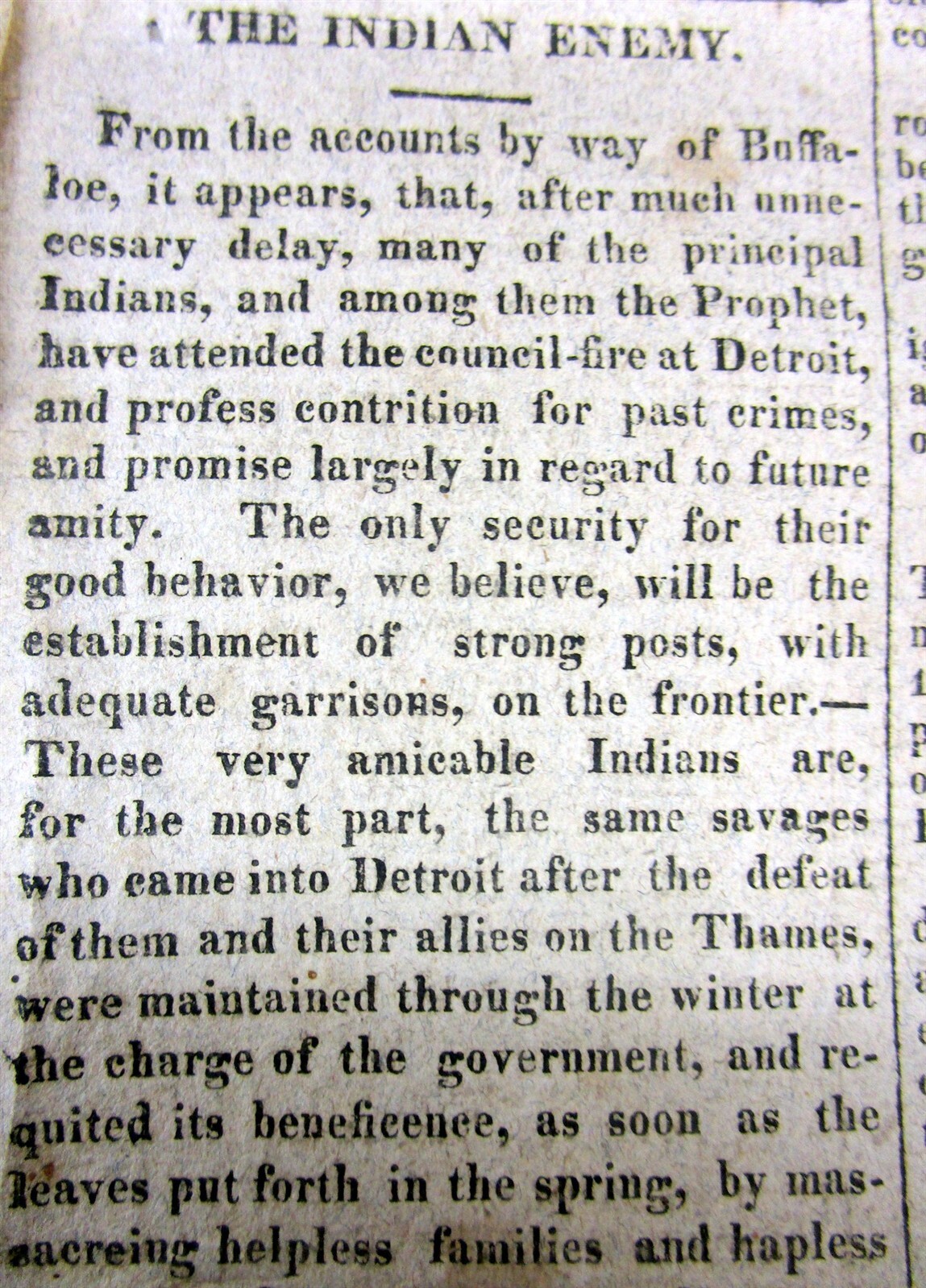 1815 newspaper with ESSAY calling NATIVE AMERICAN INDIANS BLOODTHIRSTY SAVAGES