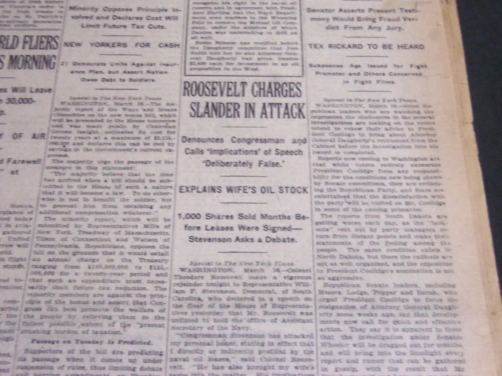1924 MARCH 17 NEW YORK TIMES – ROOSEVELT CHARGES SLANDER IN ATTACK – NT 6827