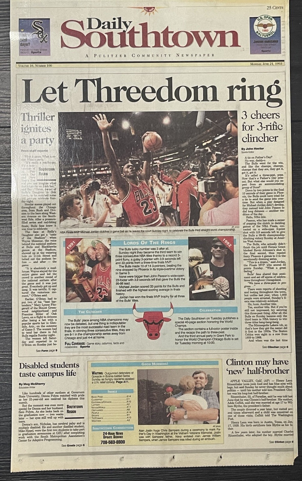 Mike Jordan Daily Southtown Chicago bulls 3rd Championship Newspaper Laminated