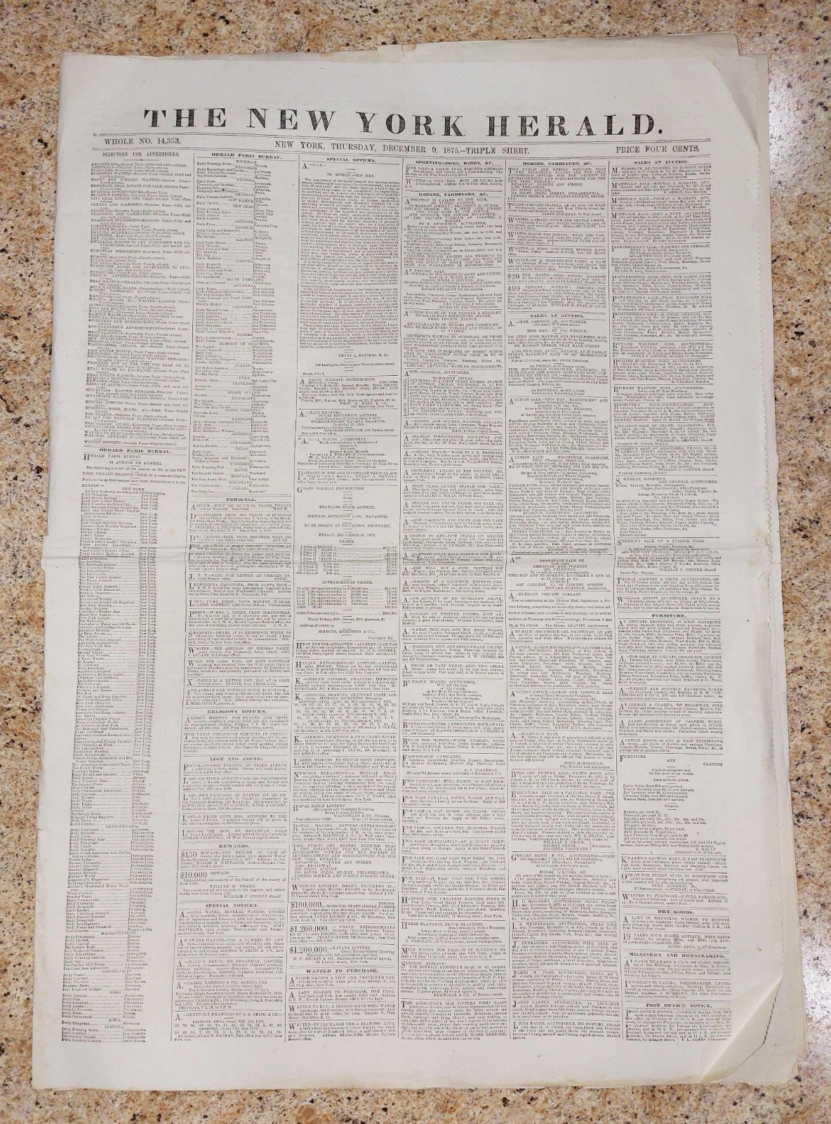 NY HERALD NEWSPAPER DECEMBER 9 1875 UNCUT SHEETS 12 PAGES!