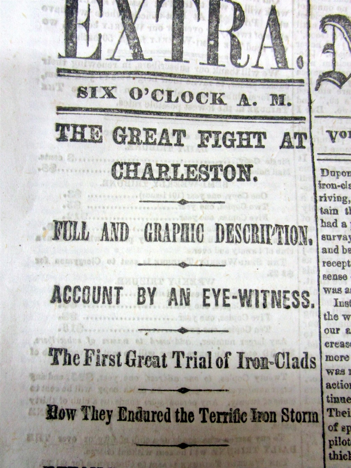 1863 Civil War newspaper “EXTRA” 1st BATTLE OF CHARLESTON HARBOR South Carolina