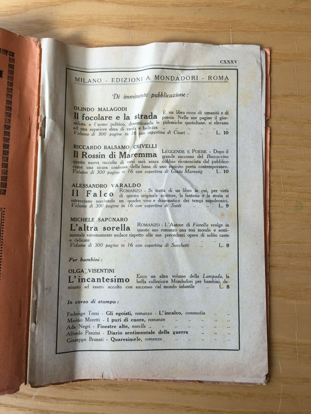 MONDADORI NOVELLA PERIODICAL ITALIAN WRITERS N° 22 1922 VARALDO CAVACCHIOLI