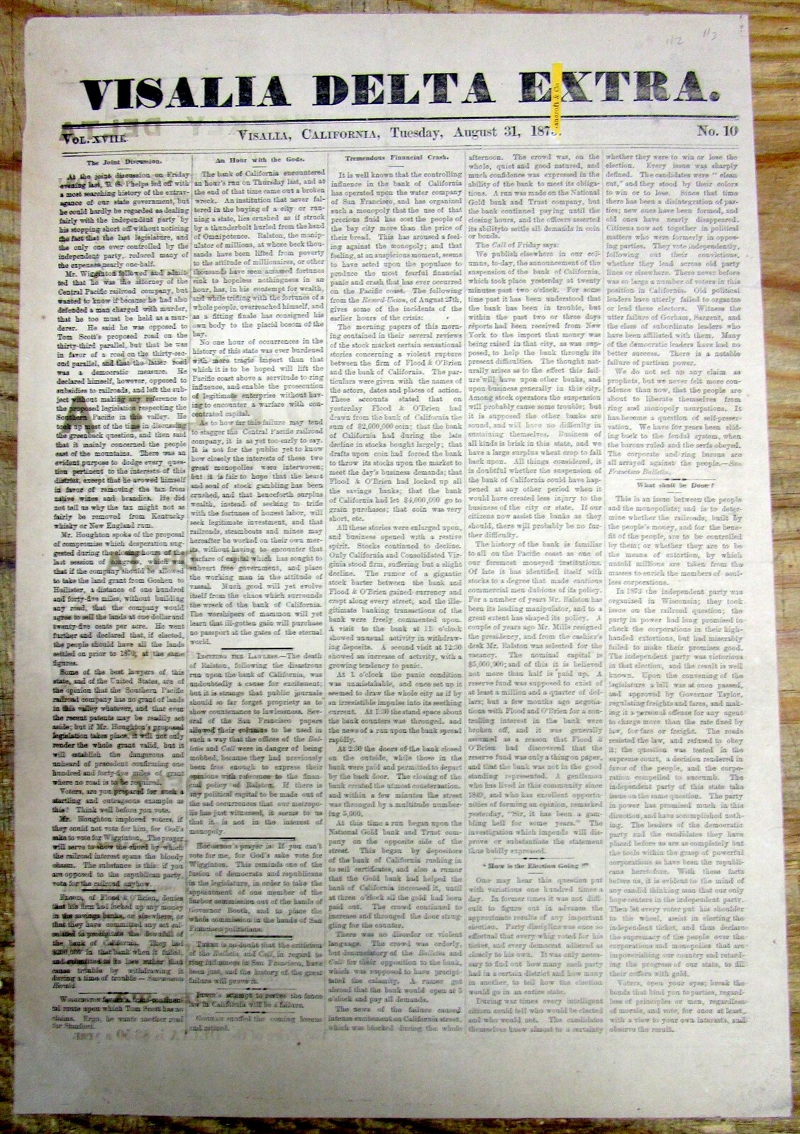 Rare 1873 VISALIA California newspaper broadside “extra” CALIFORNIA BANK FAILURE