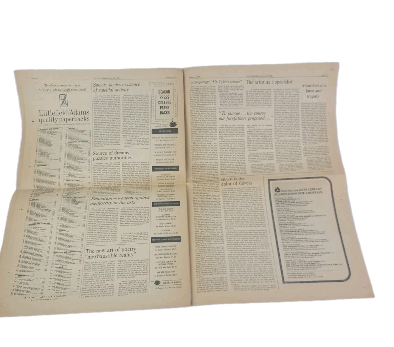 VTG Newspaper – THE PAPERBACK SAMPLER – March 1965 – Published In NY -8 Pages
