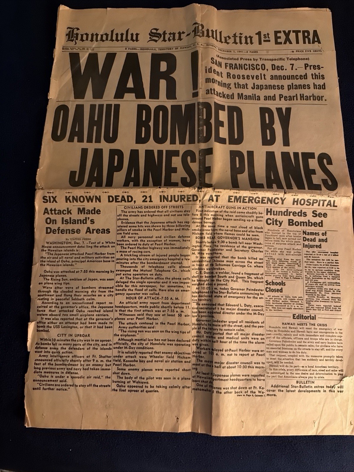 Honolulu Star Bulletin 1st&2nd Extra Editions WAR! Dec 7 1941 Pearl Harbor