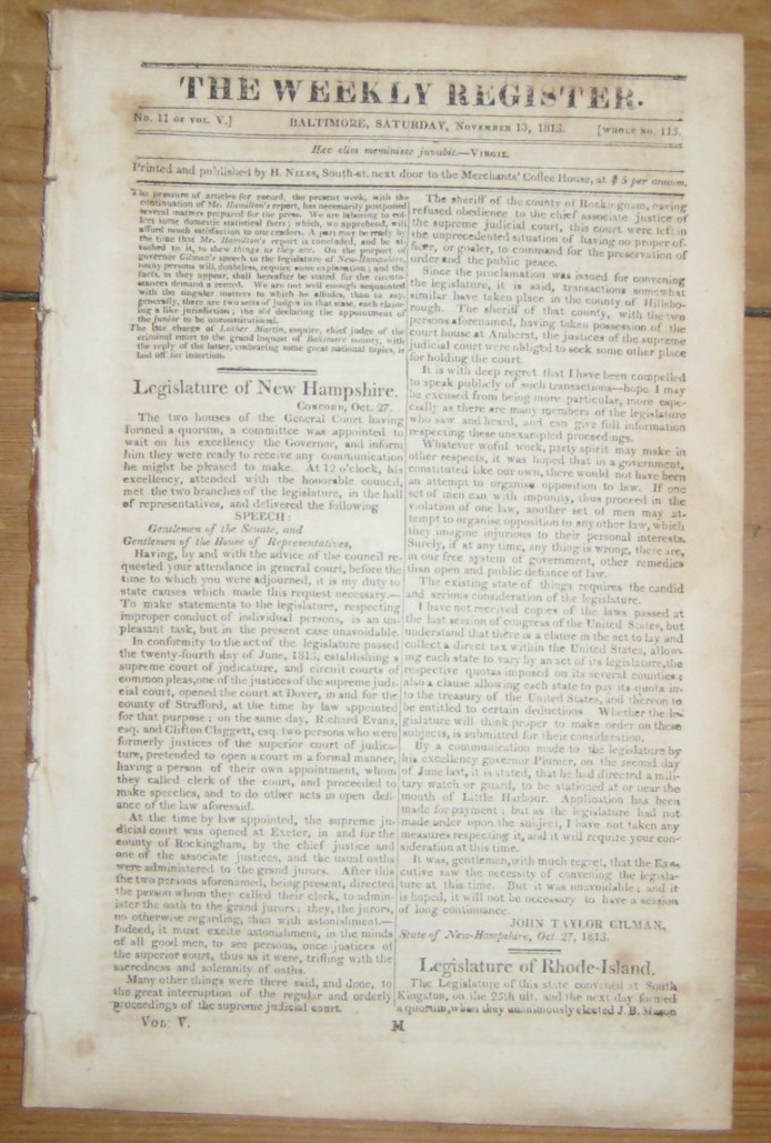 1813, Baltimore Newspaper “The Weekly Register”, War of 1812, Naval Reports
