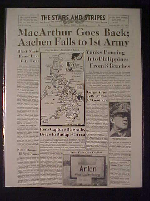 VINTAGE NEWSPAPER HEADLINE~ WORLD WAR 2 Mac ARTHUR RETURNS PHILIPPINES WWII 1944