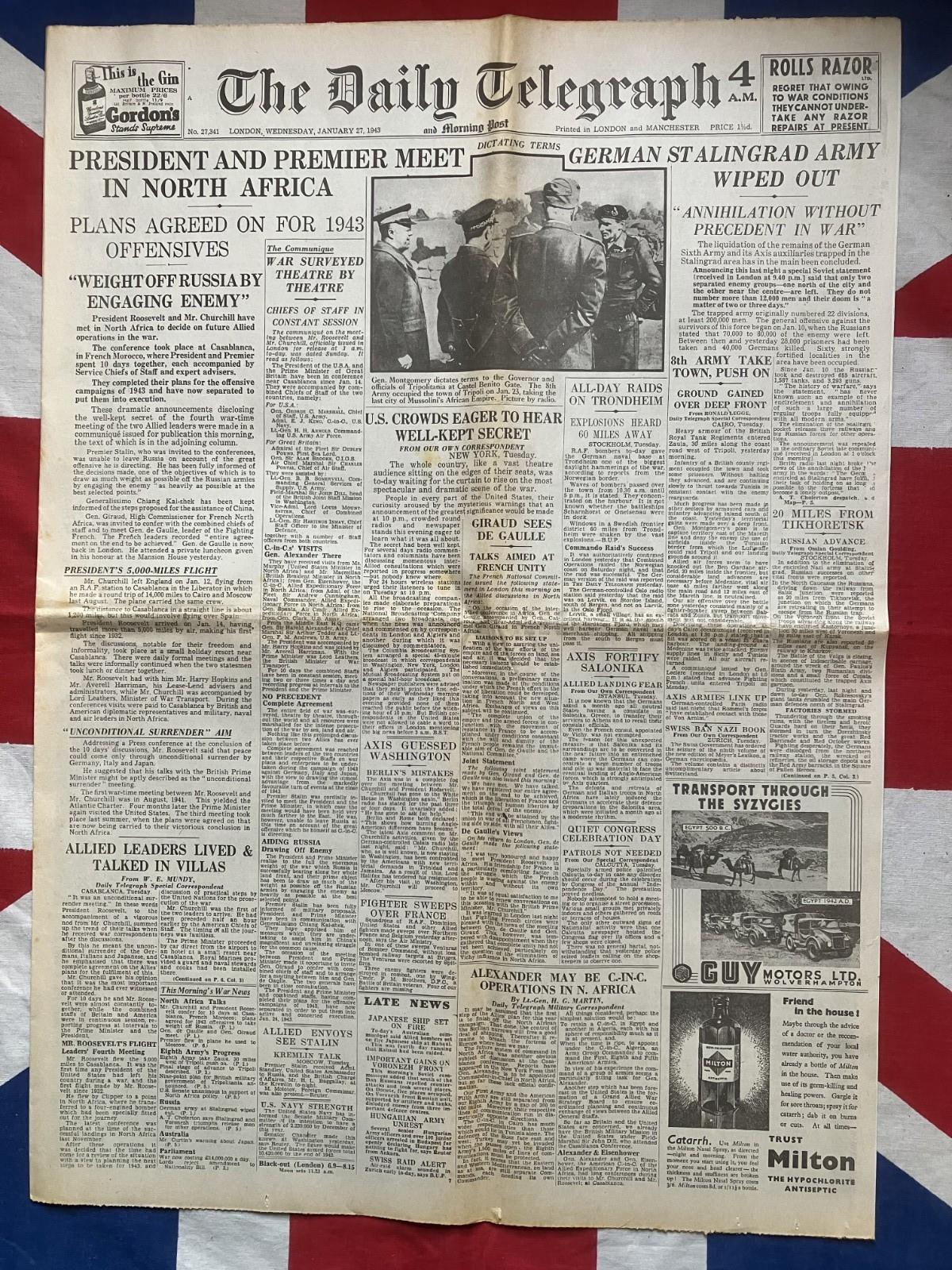 WW2 Newspaper COPY 27 January 1943 Roosevelt and Churchill in North Africa