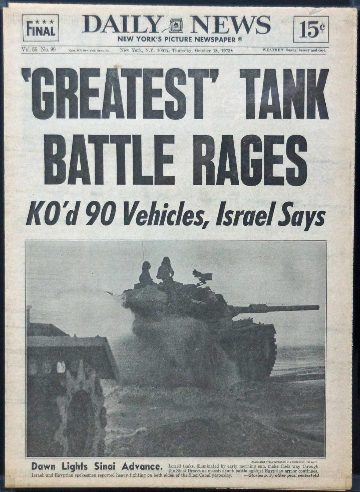 1973 Daily News YOM KIPPUR WAR ‘Greatest Tank Battle Rages’ Sinai Advance