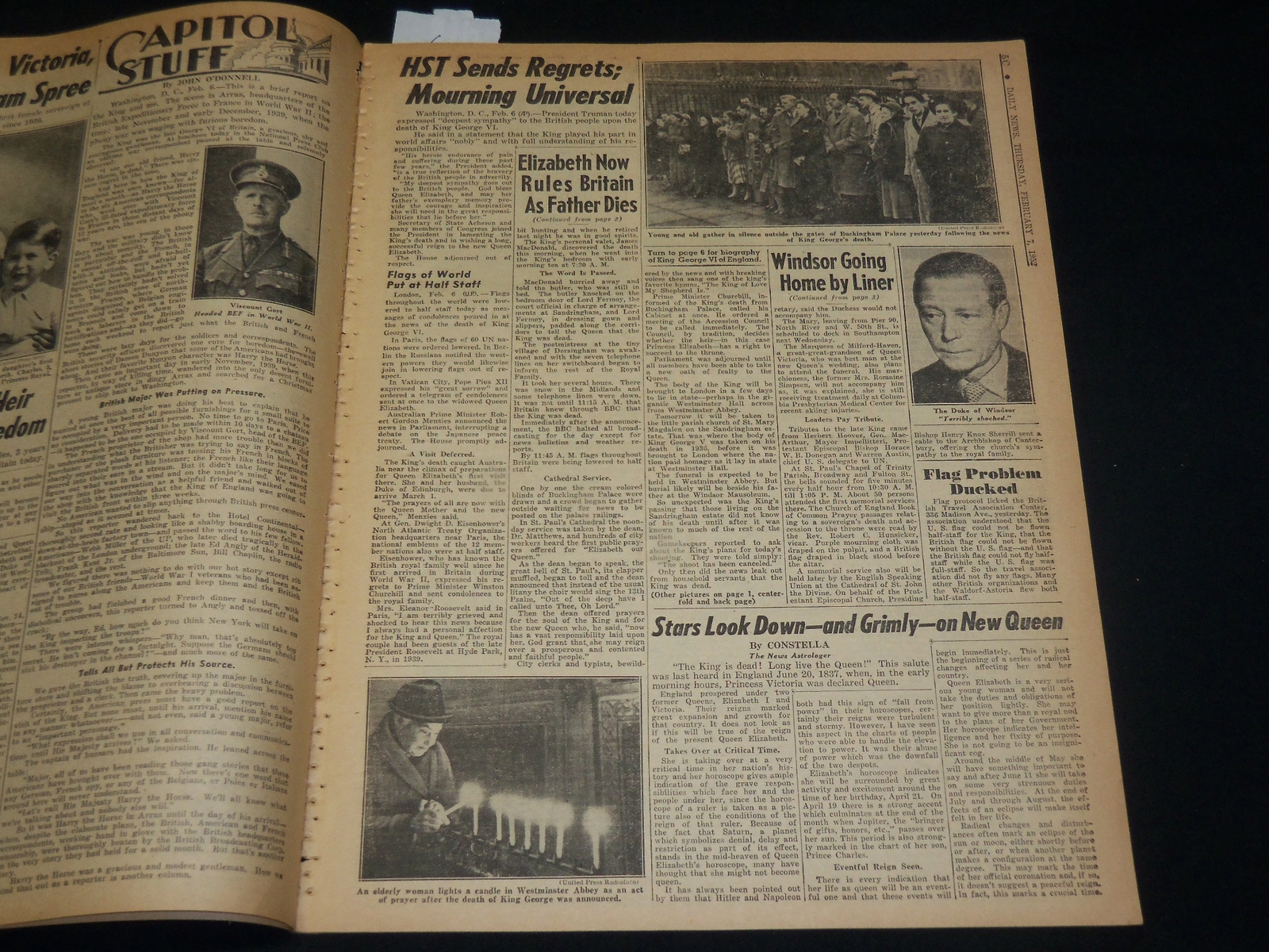 1952 FEBRUARY 7 NEW YORK DAILY NEWS – ELIZABETH FLIES HOME AS QUEEN – NP 5390