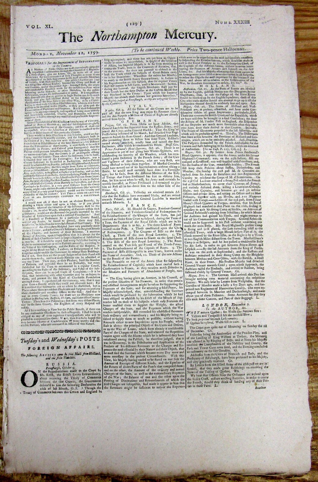 1759 newspaper CAPTURE of QUEBEC Canada by BRITISH duringThe French & Indian War