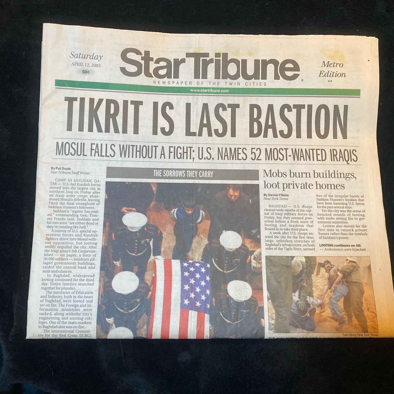 Historic Minnesota Star Tribune April 12, 2003 Iraq War – Section A ONLY