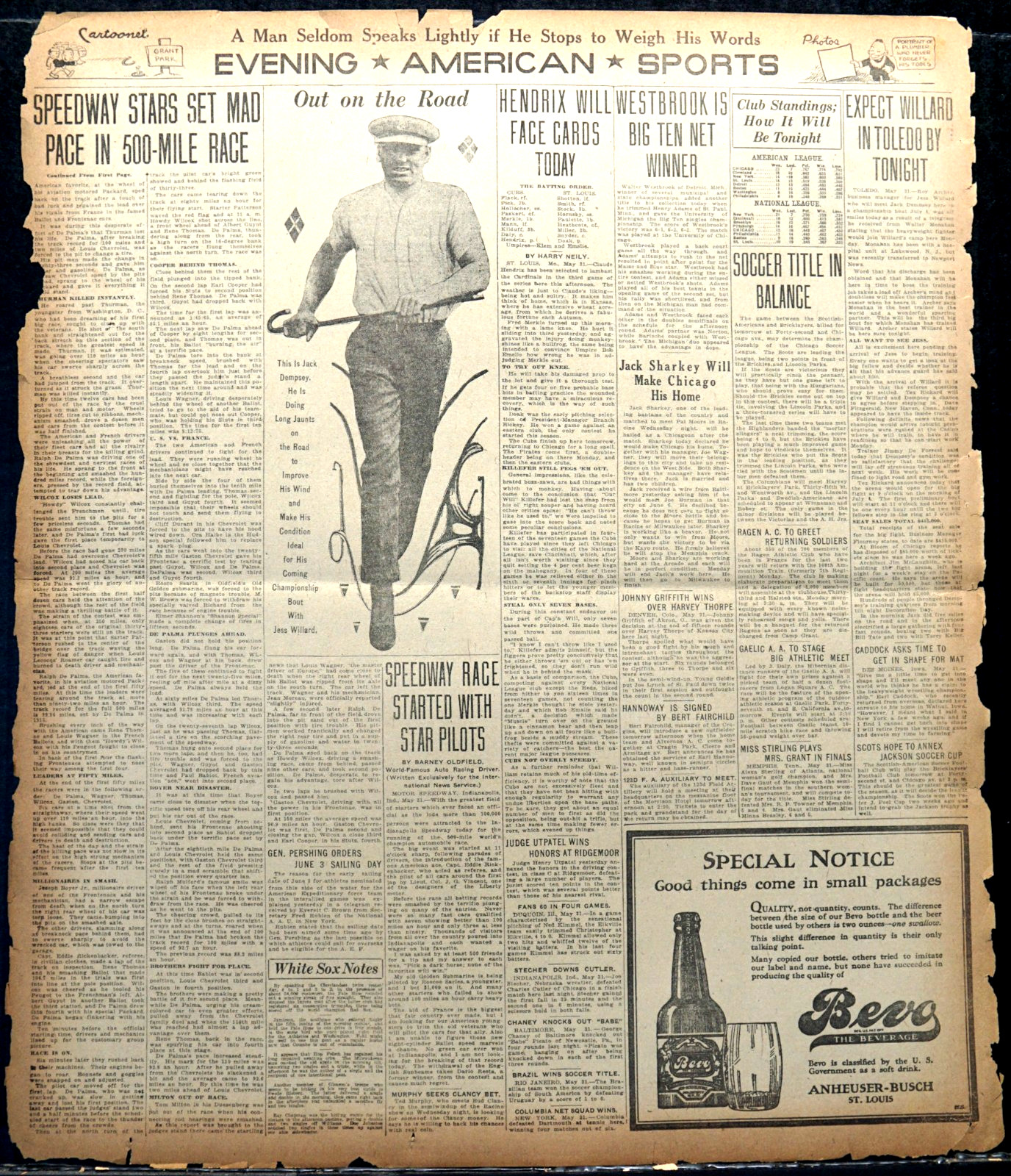 1919 Newspaper Front & Sports Page – Drivers Killed at Indianapolis 500 Race