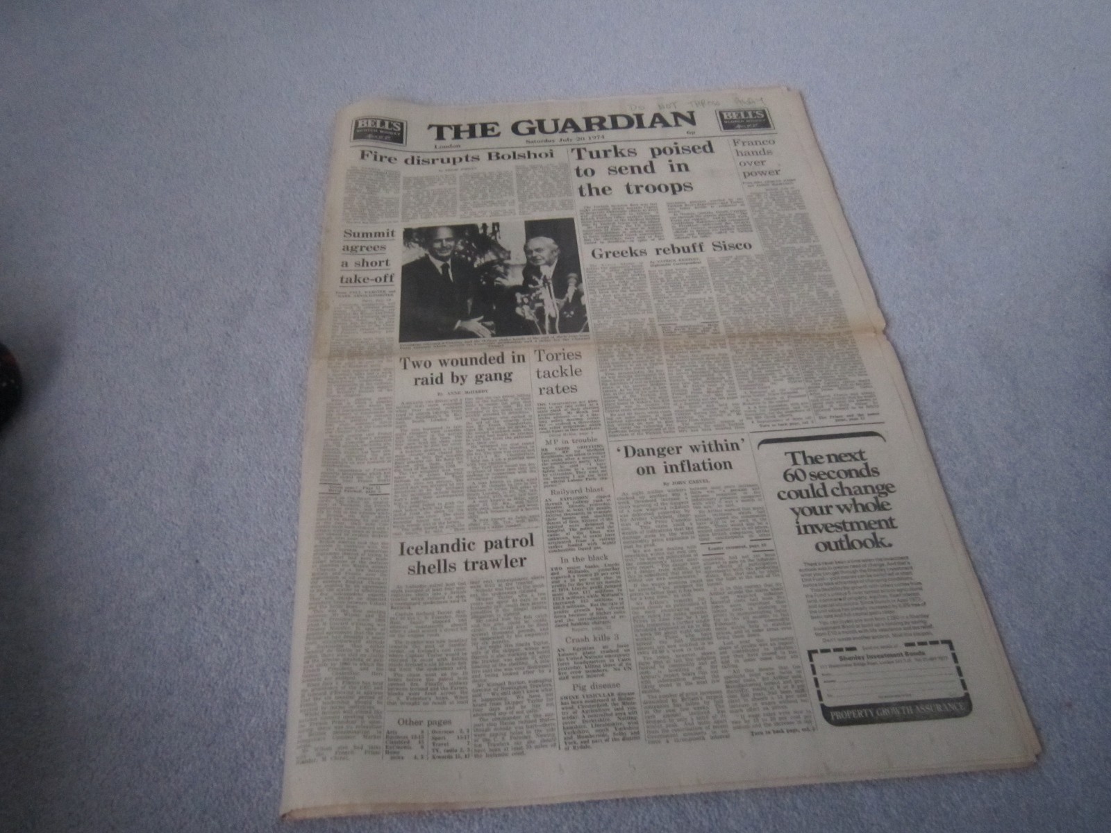The Guardian newspaper July 20th 1974,Greece ,Cyprus coup ,Concorde ,Franco