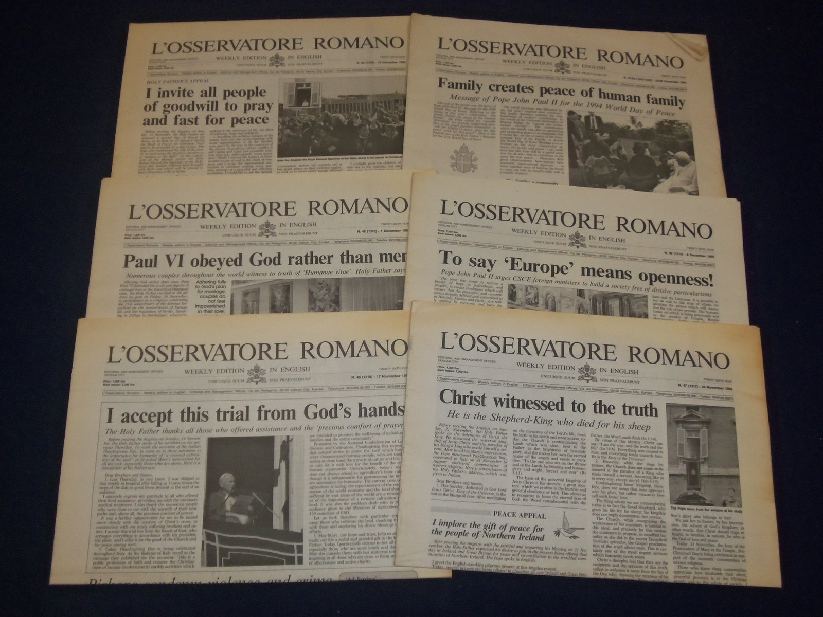 1993 L’OSSERVATORE ROMANO WEEKLY EDITION NEWSPAPER LOT OF 50 COMPLETE – O 2443