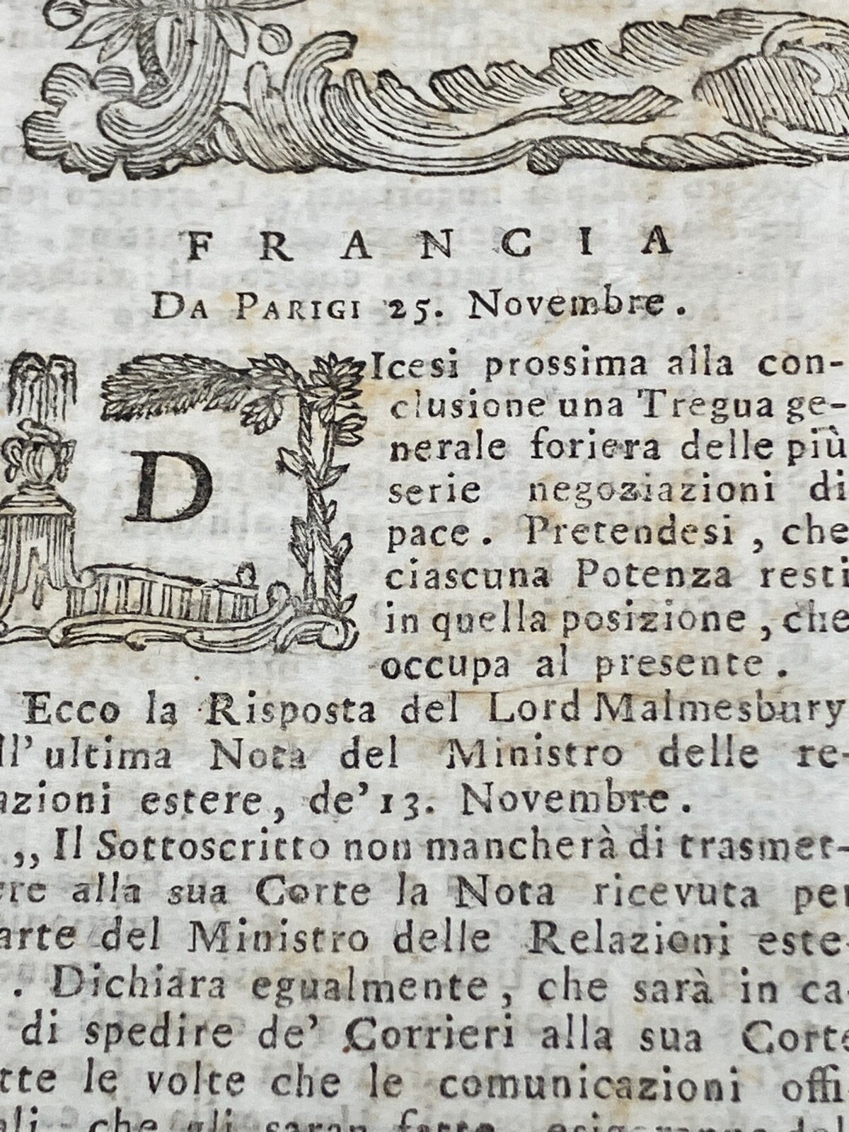 1796 Original Newspaper “Notizie dal Mondo” w/ article on the Directory