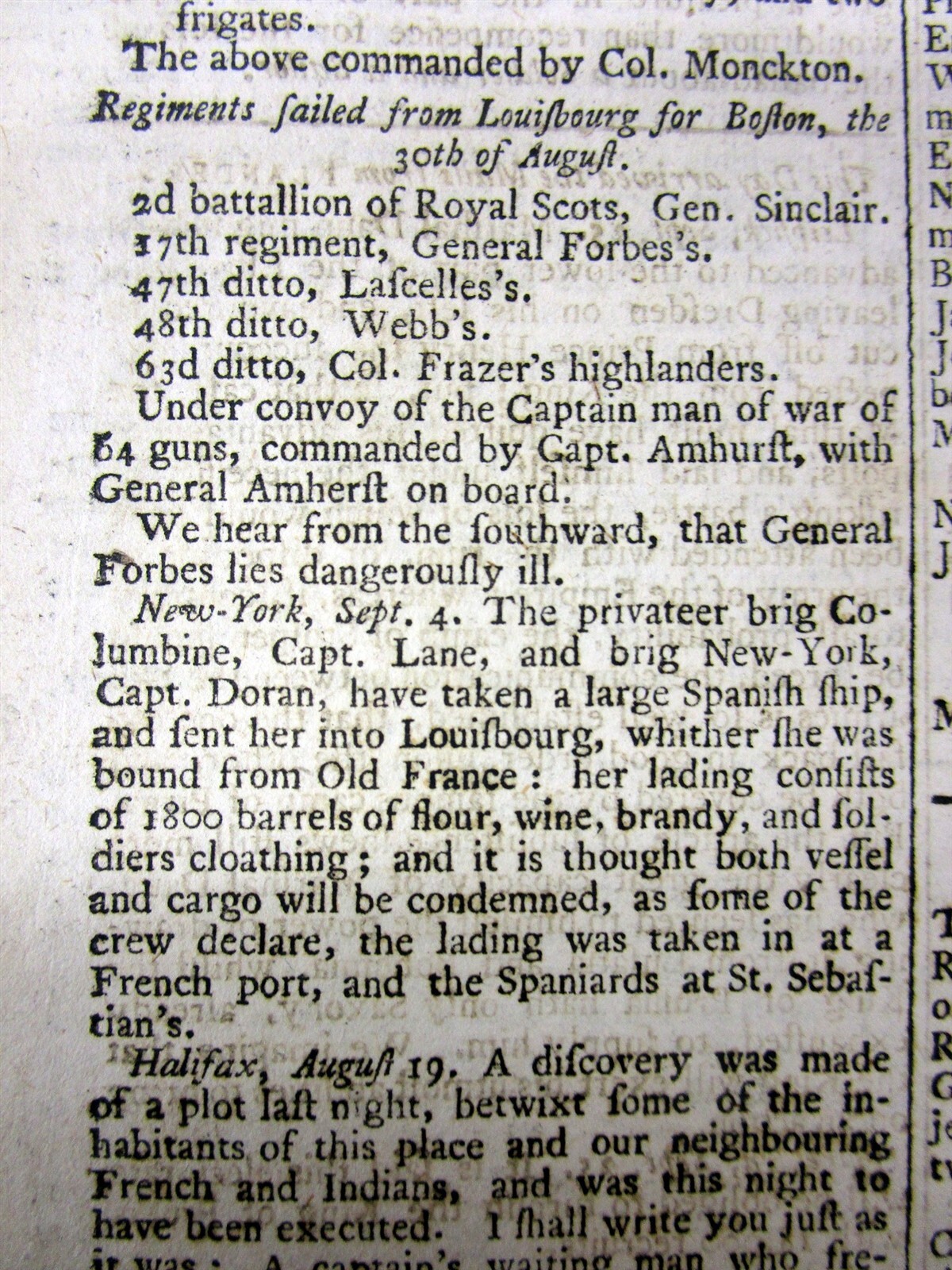 1758 FRENCH & INDIAN WAR newspaper FORT FRONTENAC CAPTURED Siege of Louisbourg