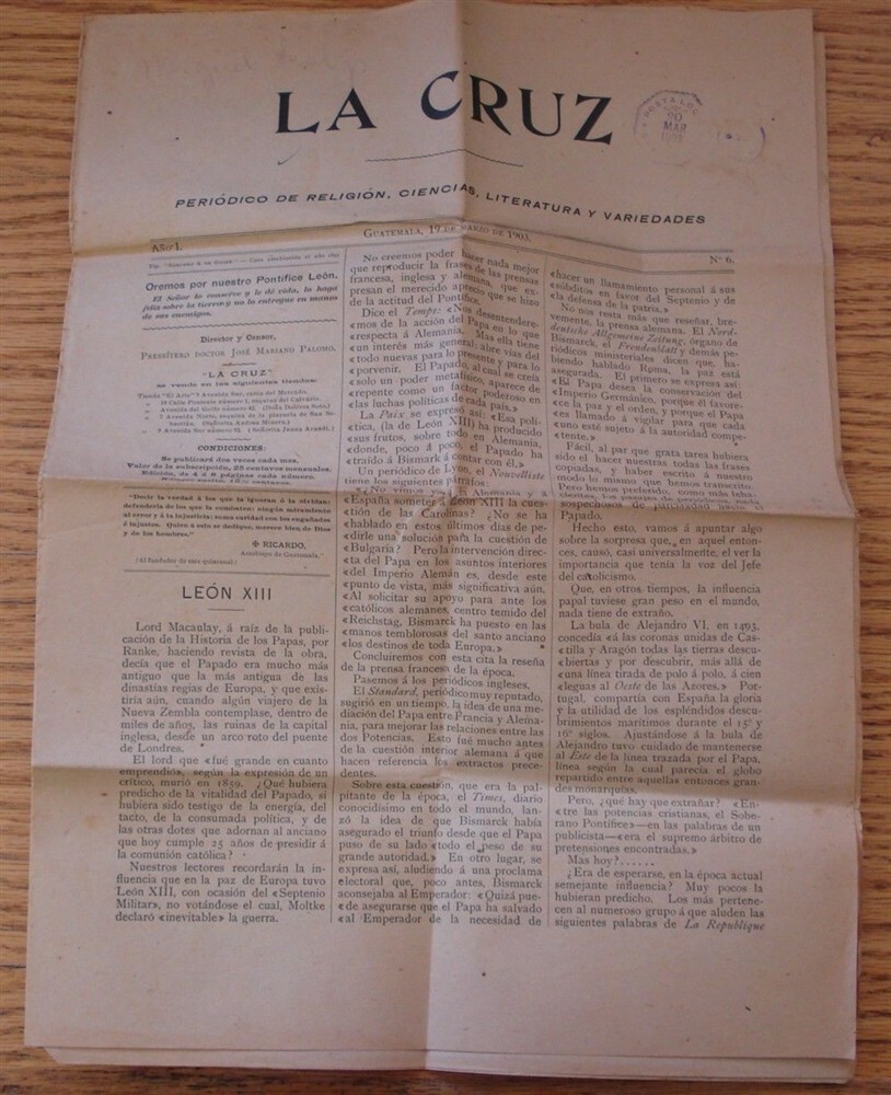 GUATEMALA LA CRUZ NEWSPAPER POSTA LOCALE 1903