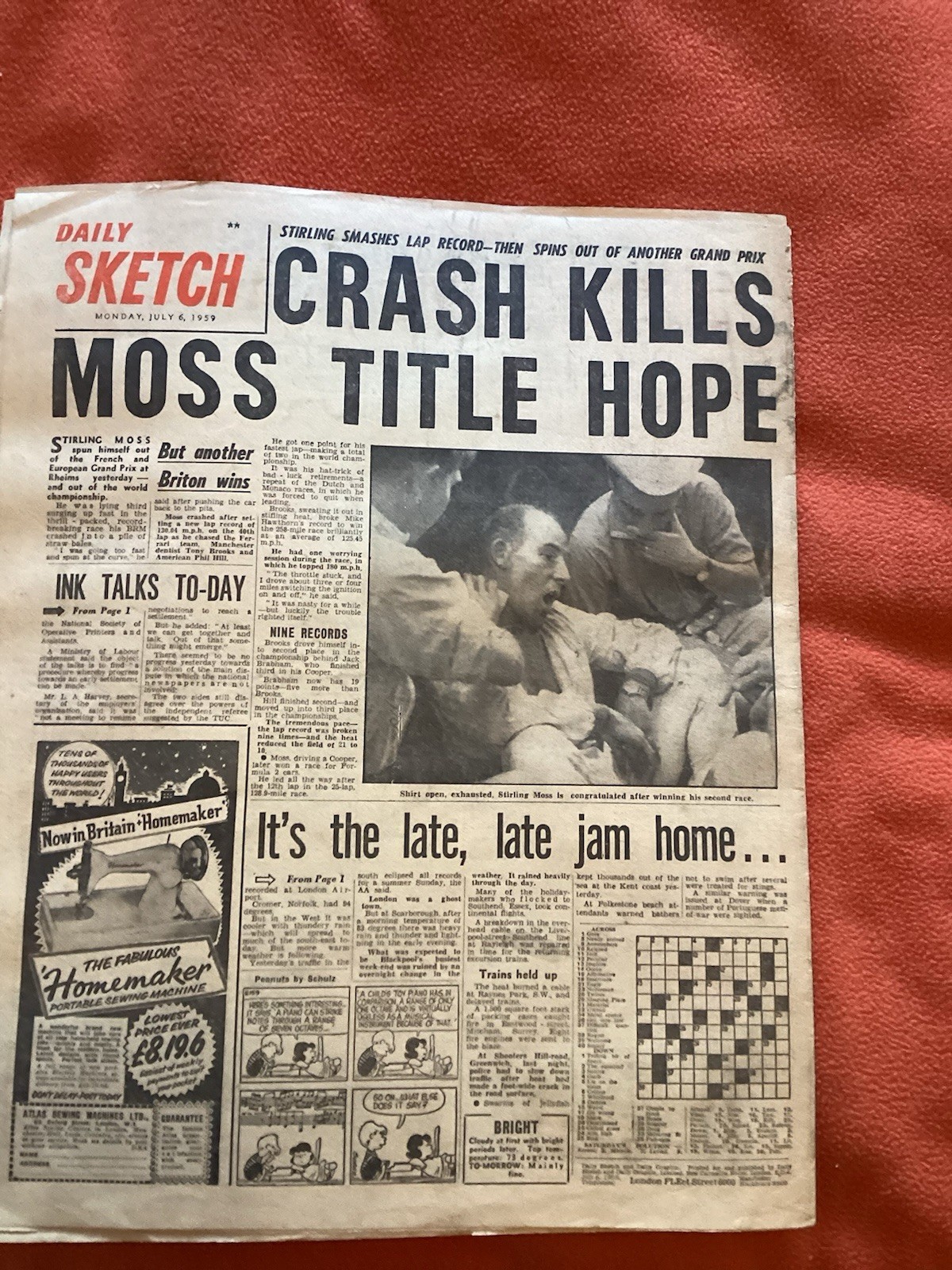 Plane Crash Stirling Moss Crash Sketch July 6 1959 Original Newspaper