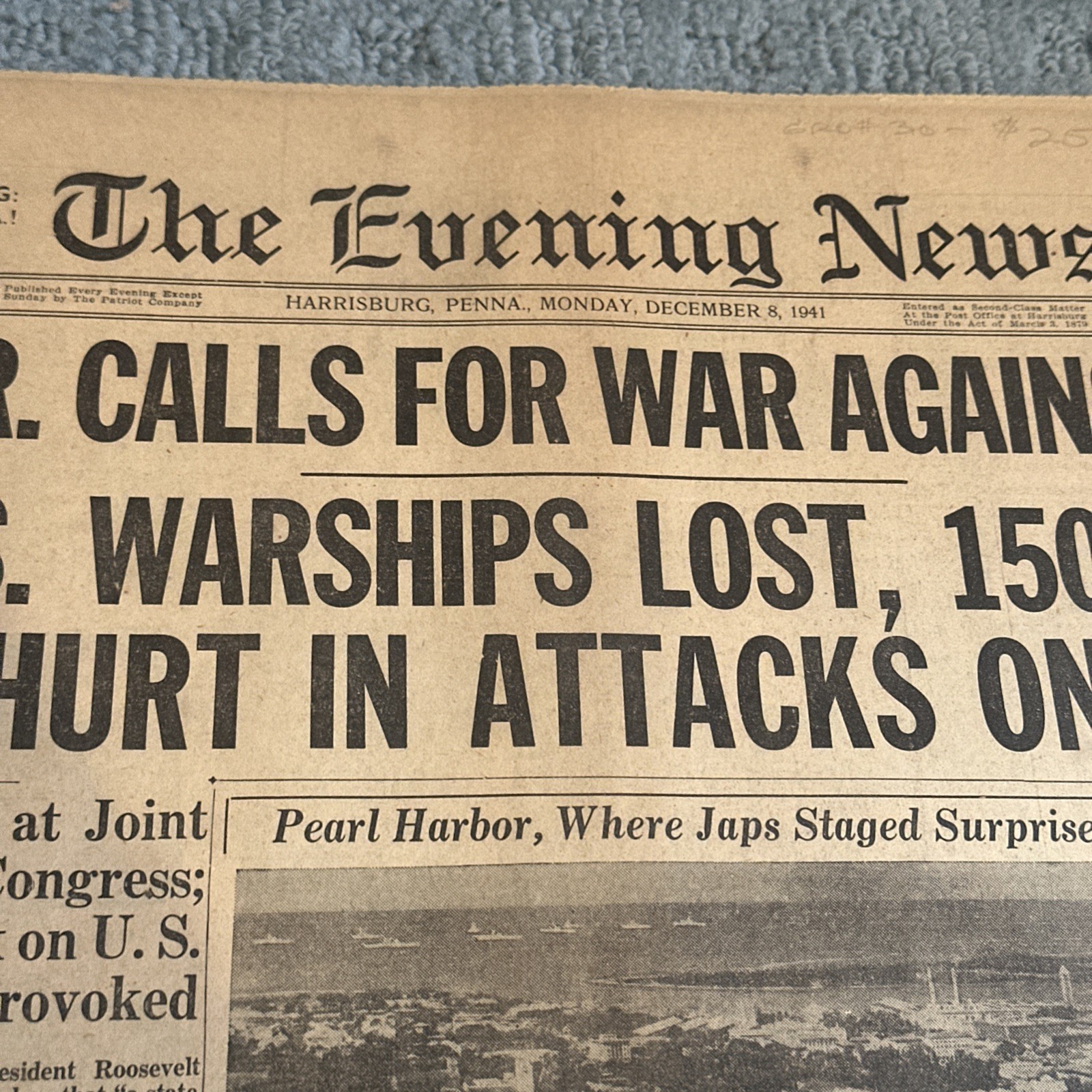 Dec 8 1941 The Evening News Newspaper Japan Attacks Pearl Harbor Harrisburg PA