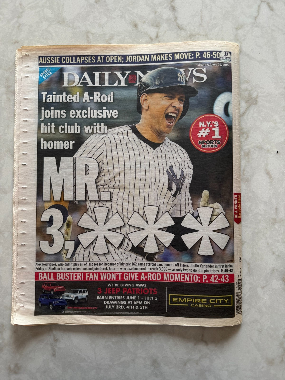 New York Daily News newspaper, pages 1-26, 39-64, June 20, 2015 A-Rod 3000 hits