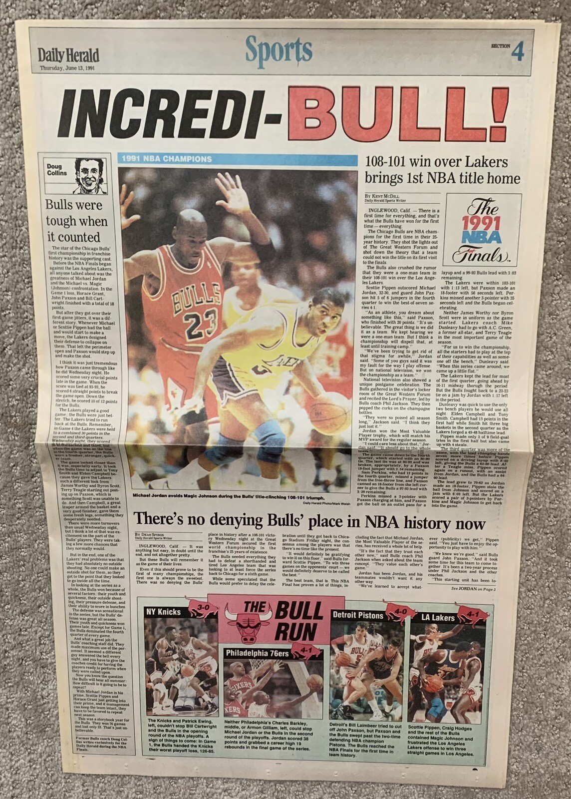 6/13/91 Chicago Bulls Michael Jordan NBA Champions Daily Herald Sports Near Mint
